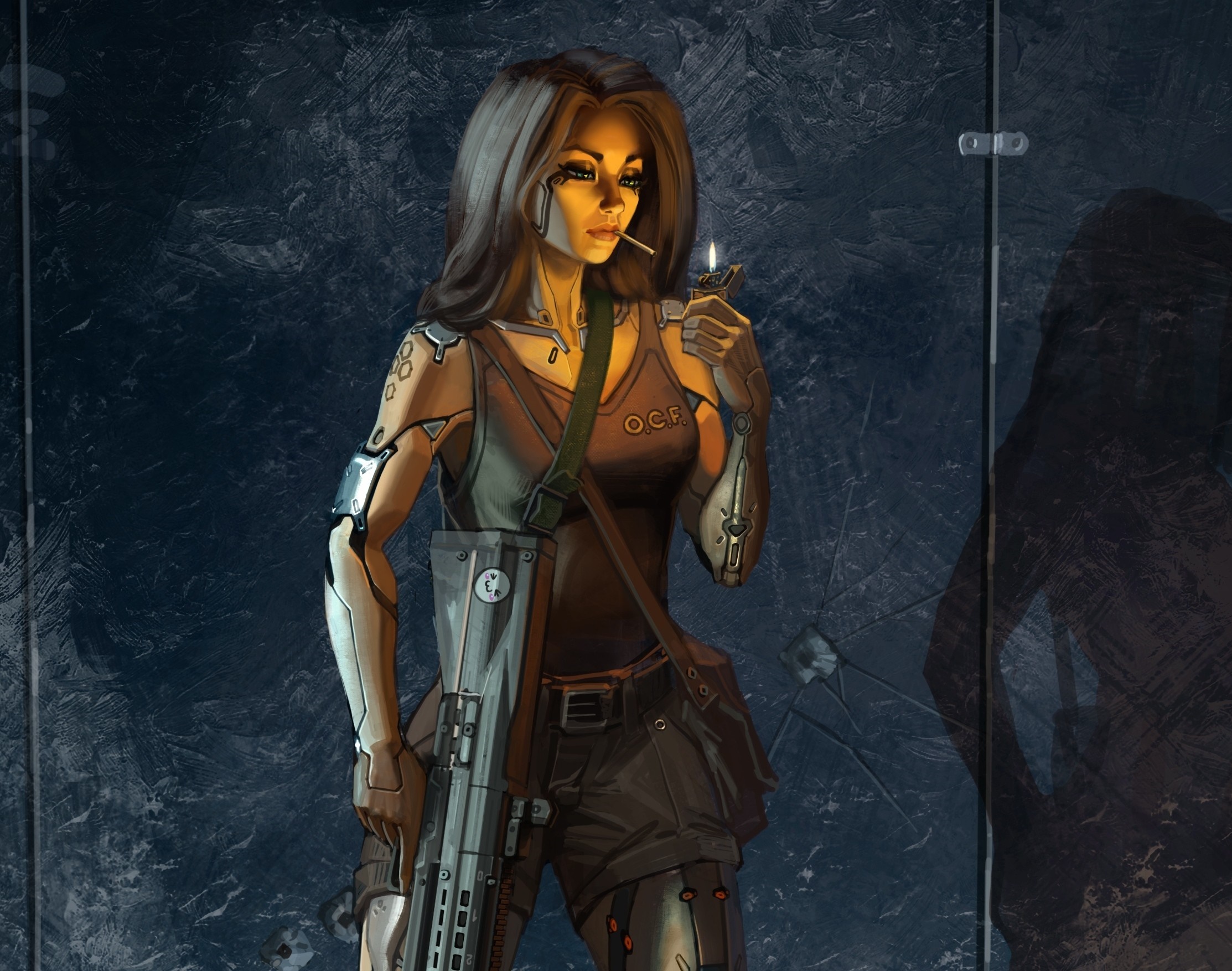Woman with cybernetic arms lighting a cigarette HD Wallpaper
