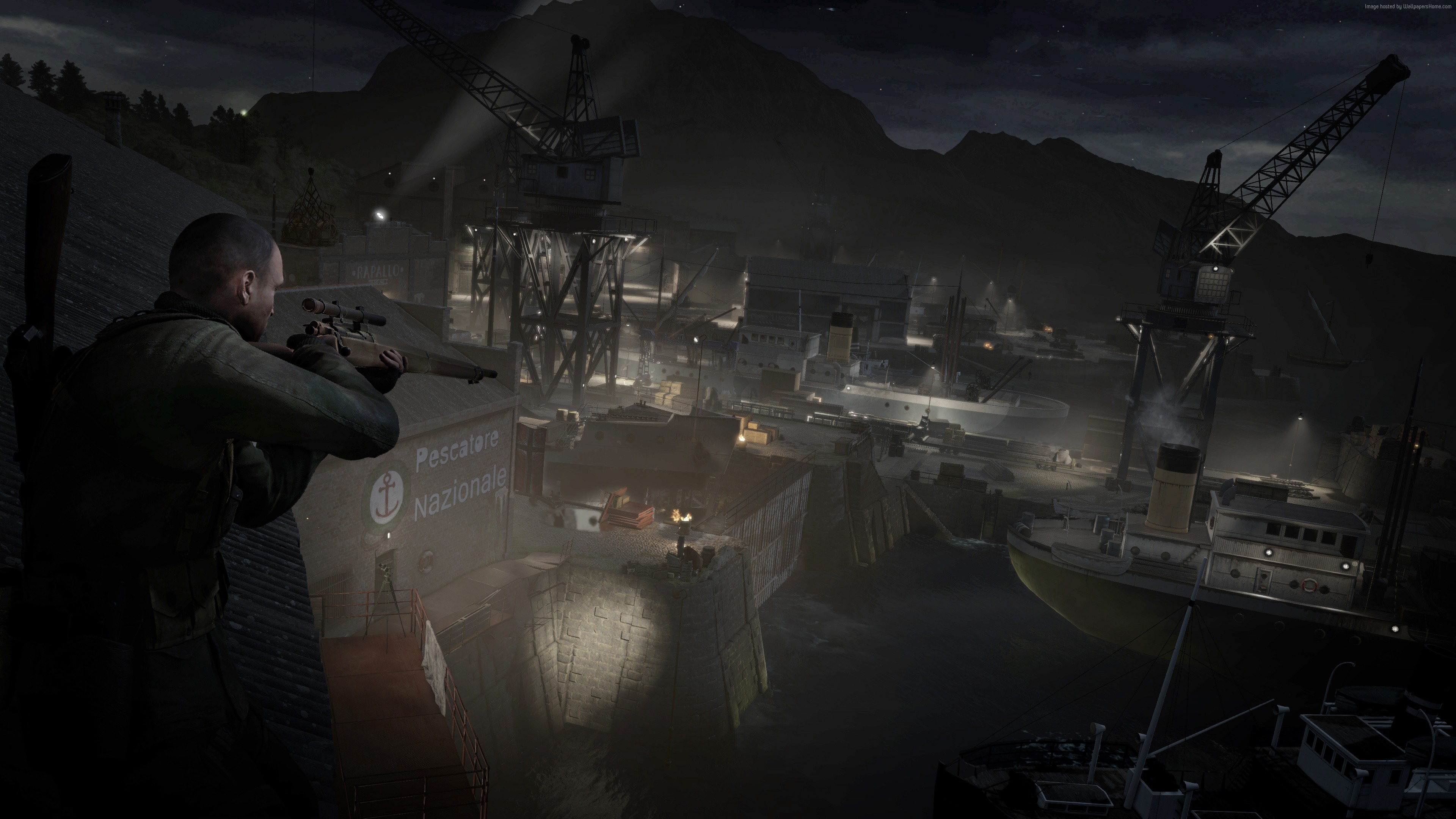Sniper Elite 4 gameplay on a dark harbor at night HD Wallpaper