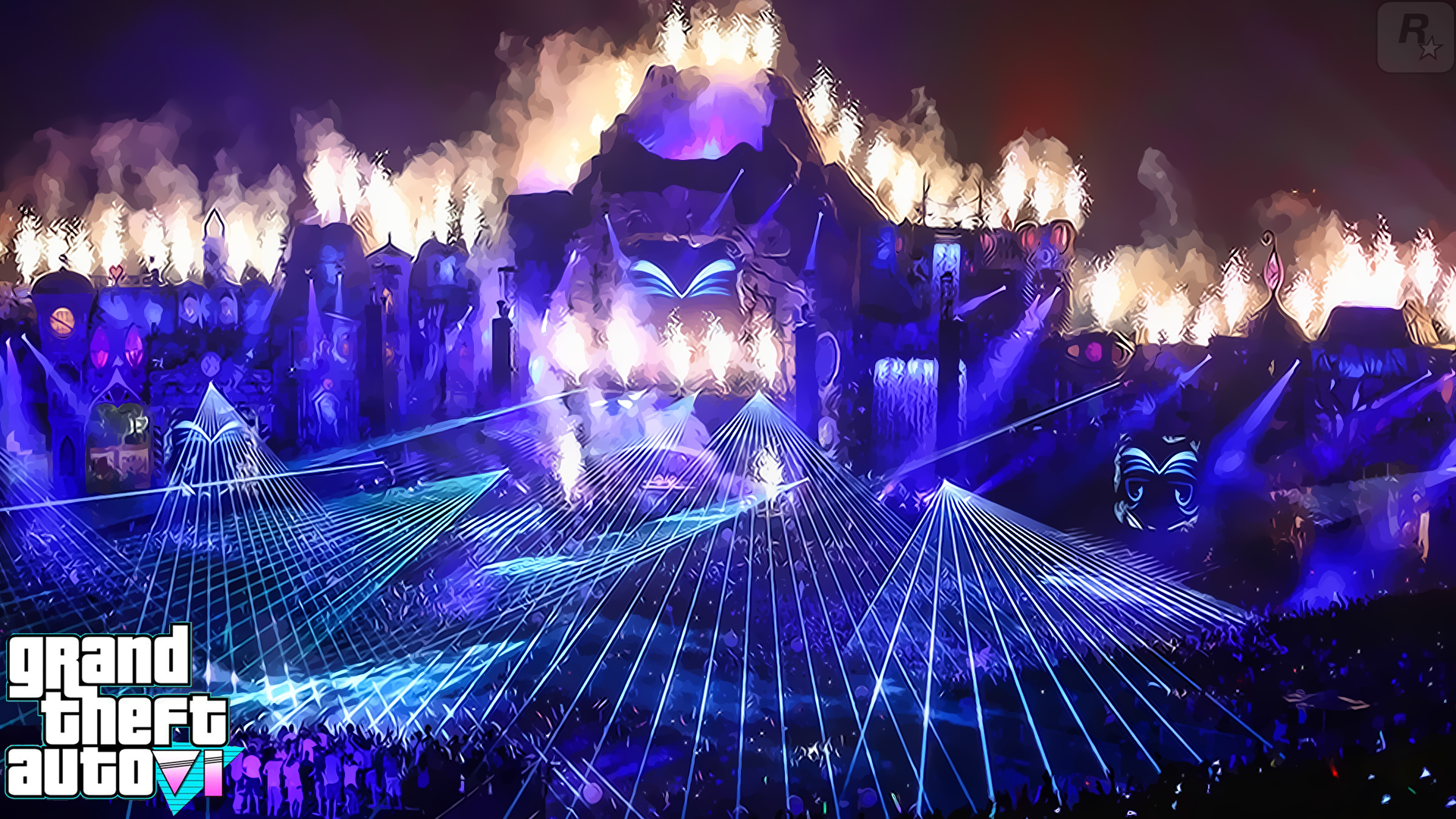 Grand Theft Auto VI festival stage with lasers and fireworks HD Wallpaper