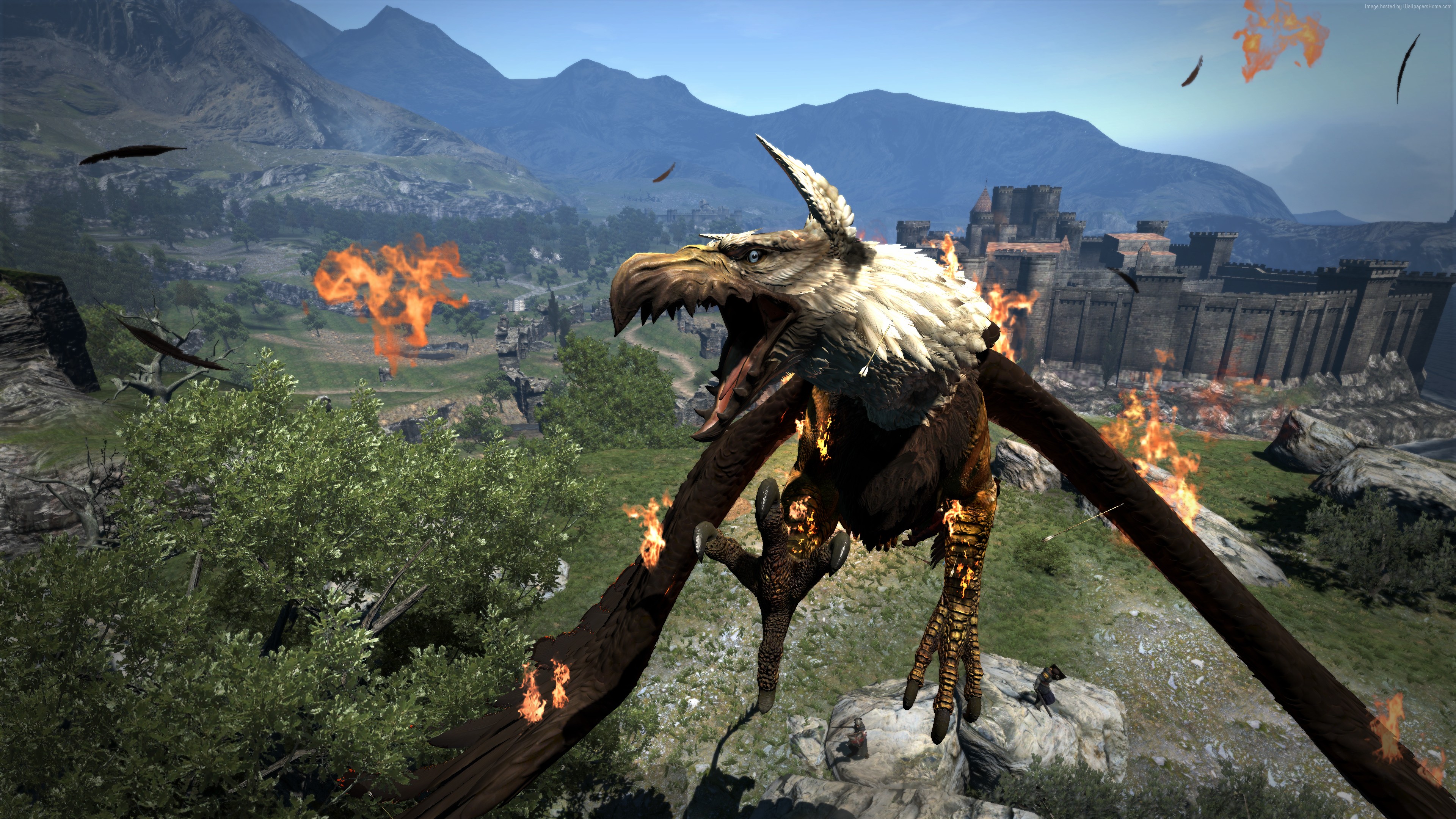 Griffin attacking a castle in Dragon's Dogma: Dark Arisen HD Wallpaper