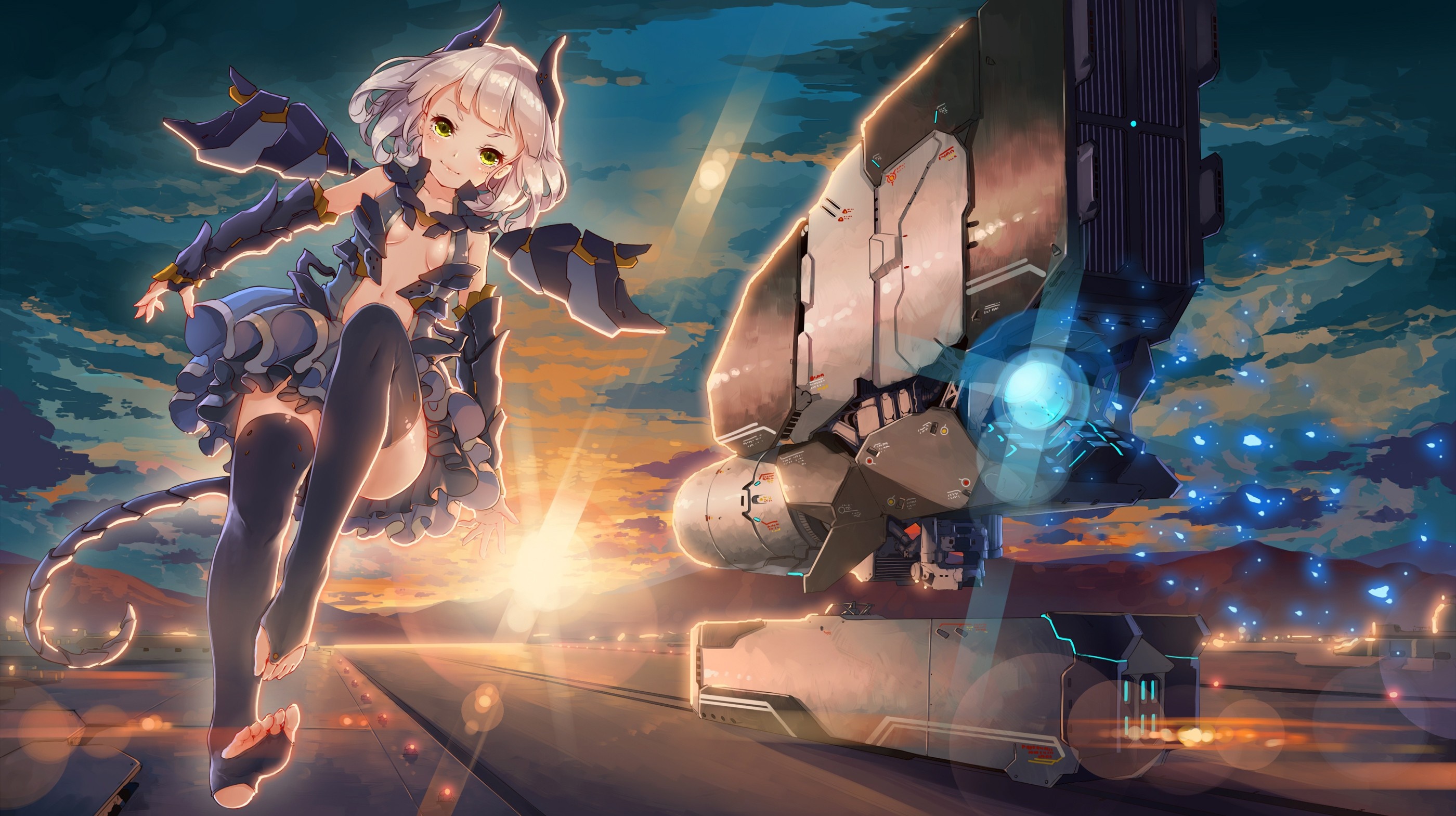 Anime girl with mechanical wings and a large robot HD Wallpaper