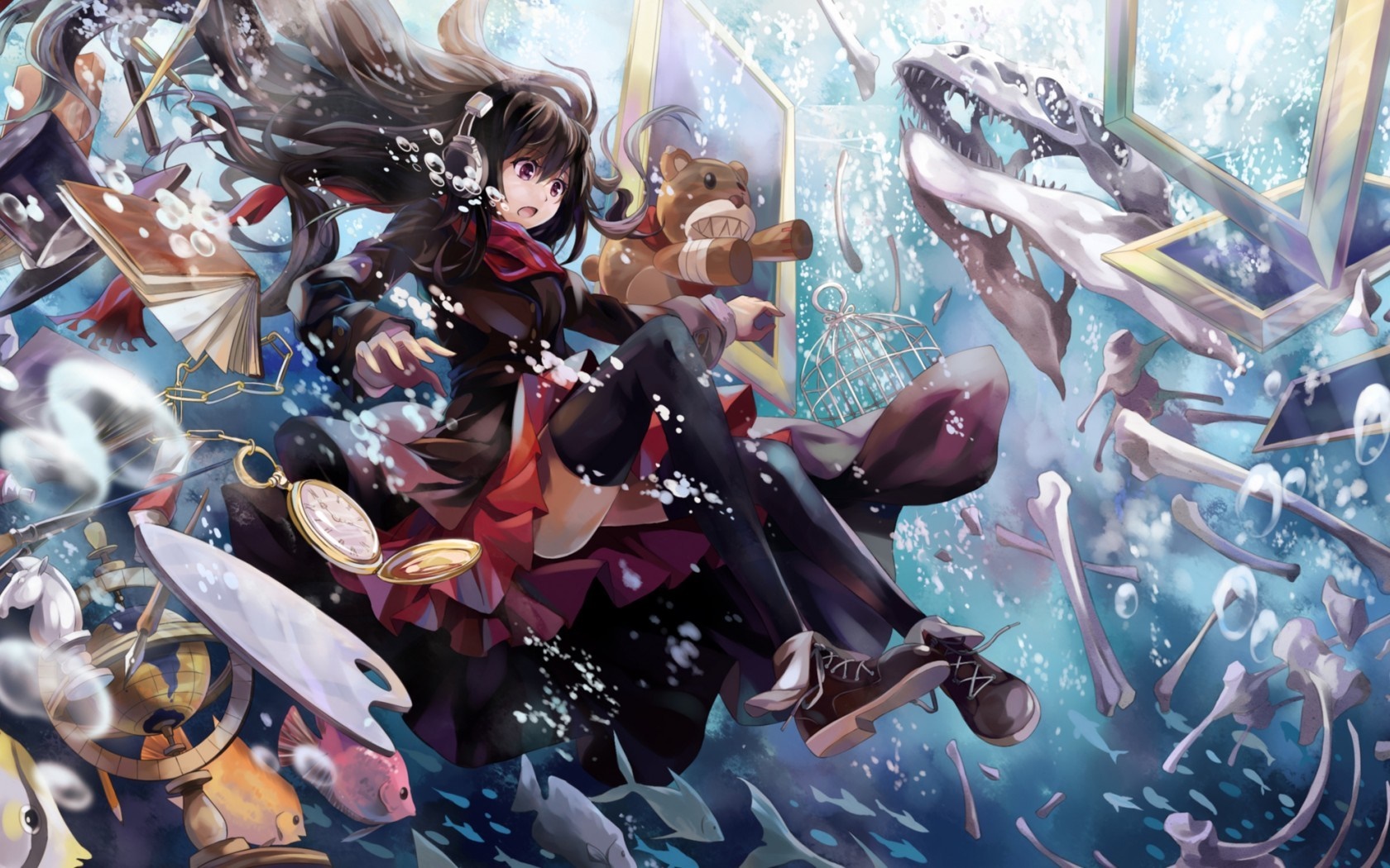 Anime girl with teddy bear and dinosaur skull underwater HD Wallpaper