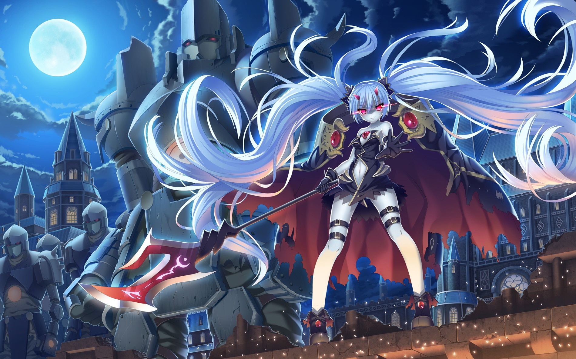 Anime girl with scythe and mecha in front of castle HD Wallpaper