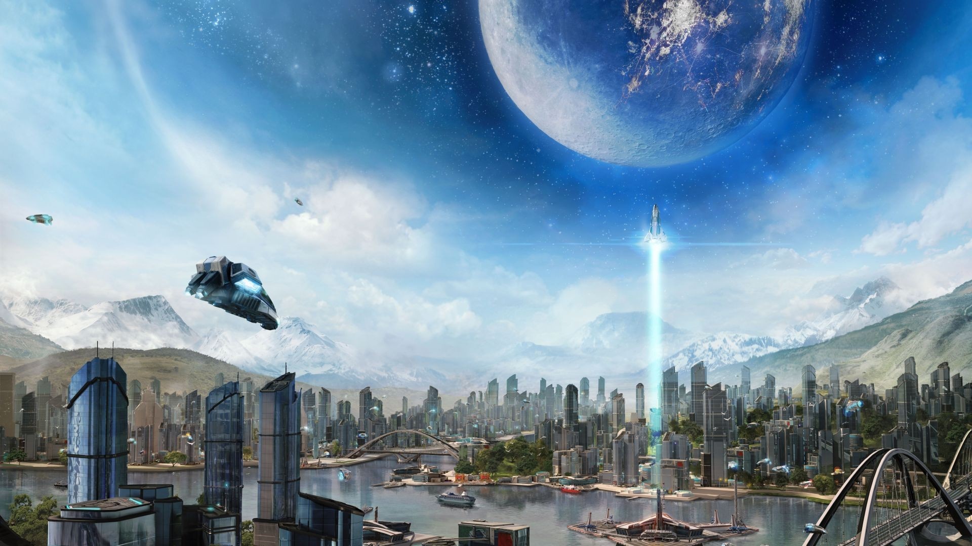 Anno 2205 Screenshot: Futuristic Cityscape with Spaceships and Planet HD Wallpaper