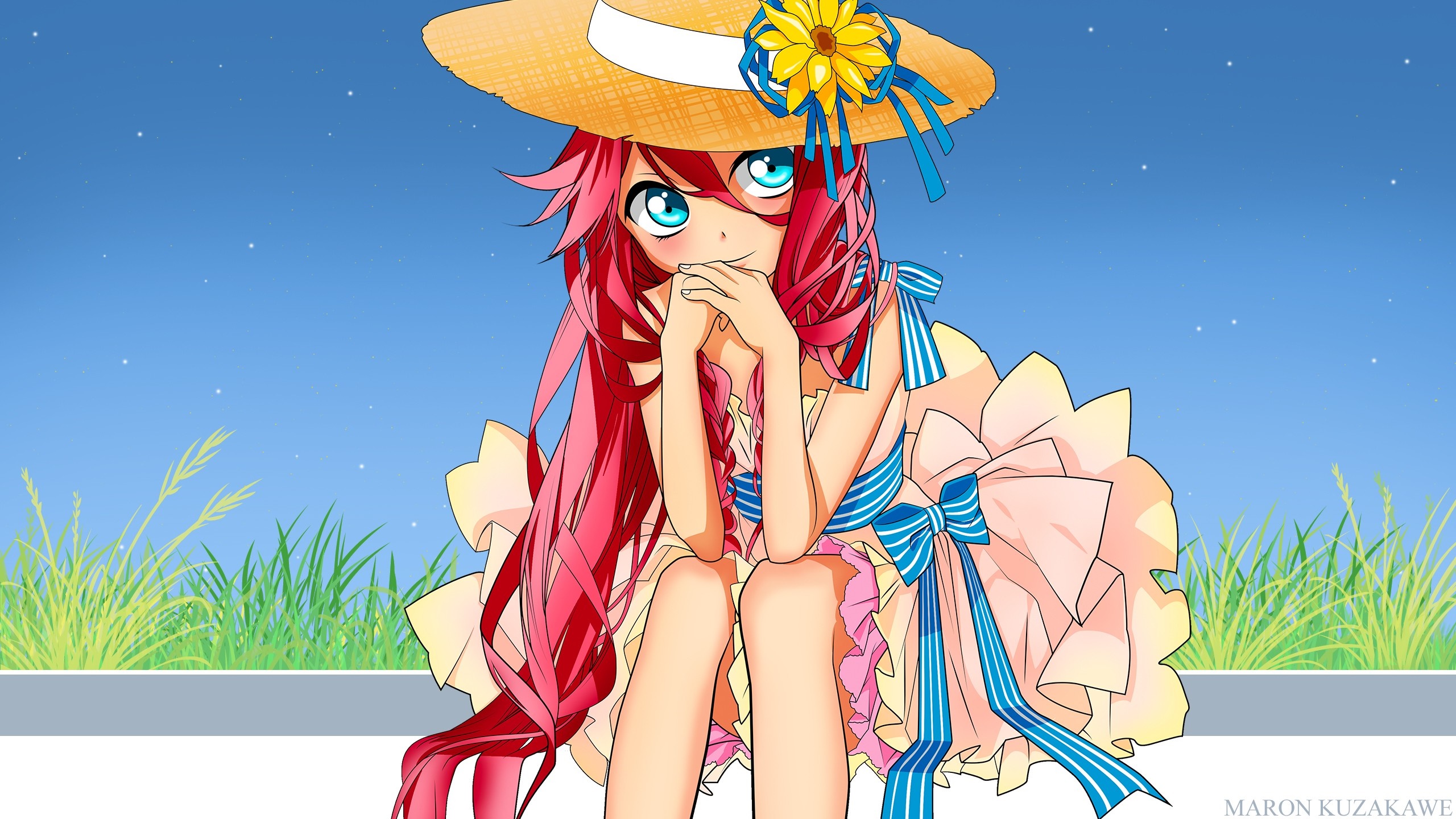 IA Vocaloid anime girl with long red hair and straw hat HD Wallpaper