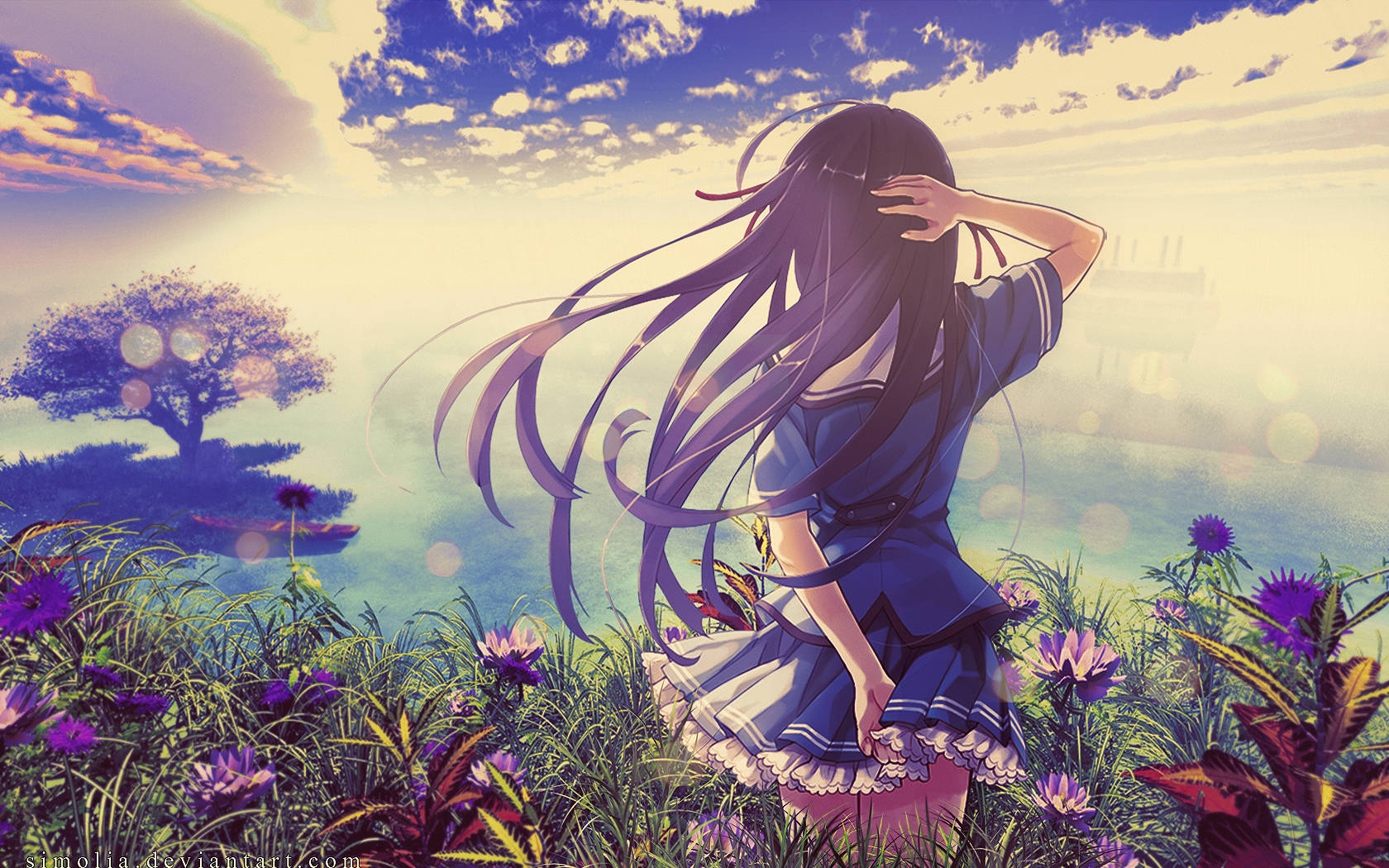 Anime girl in a blue uniform in a meadow HD Wallpaper