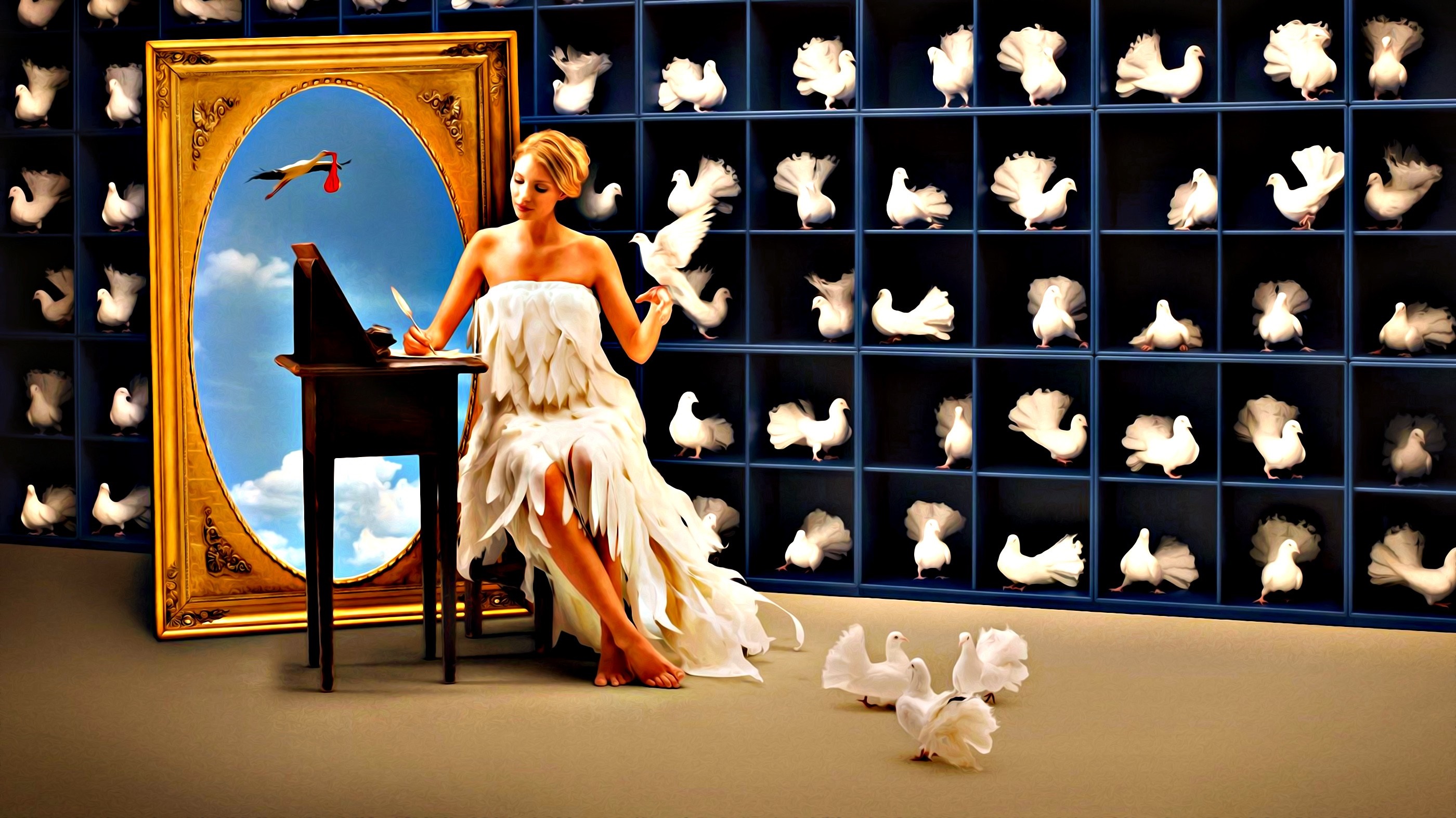 Woman in feather dress with pigeons and a stork delivering a baby HD Wallpaper