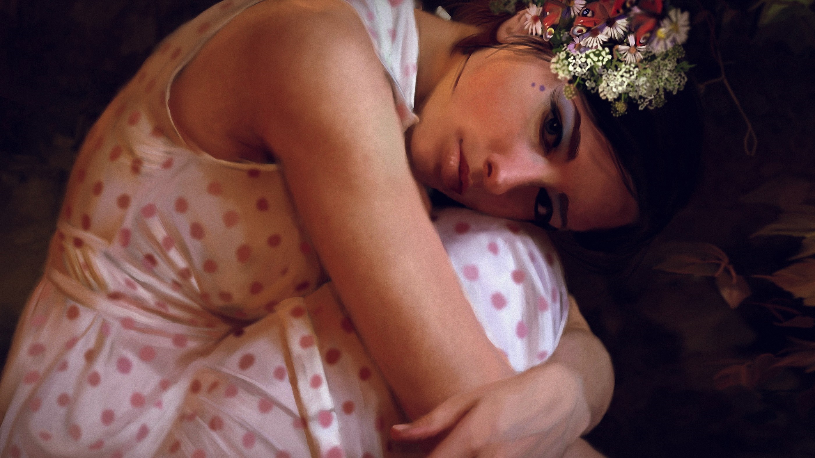 Woman with flower crown and butterflies HD Wallpaper