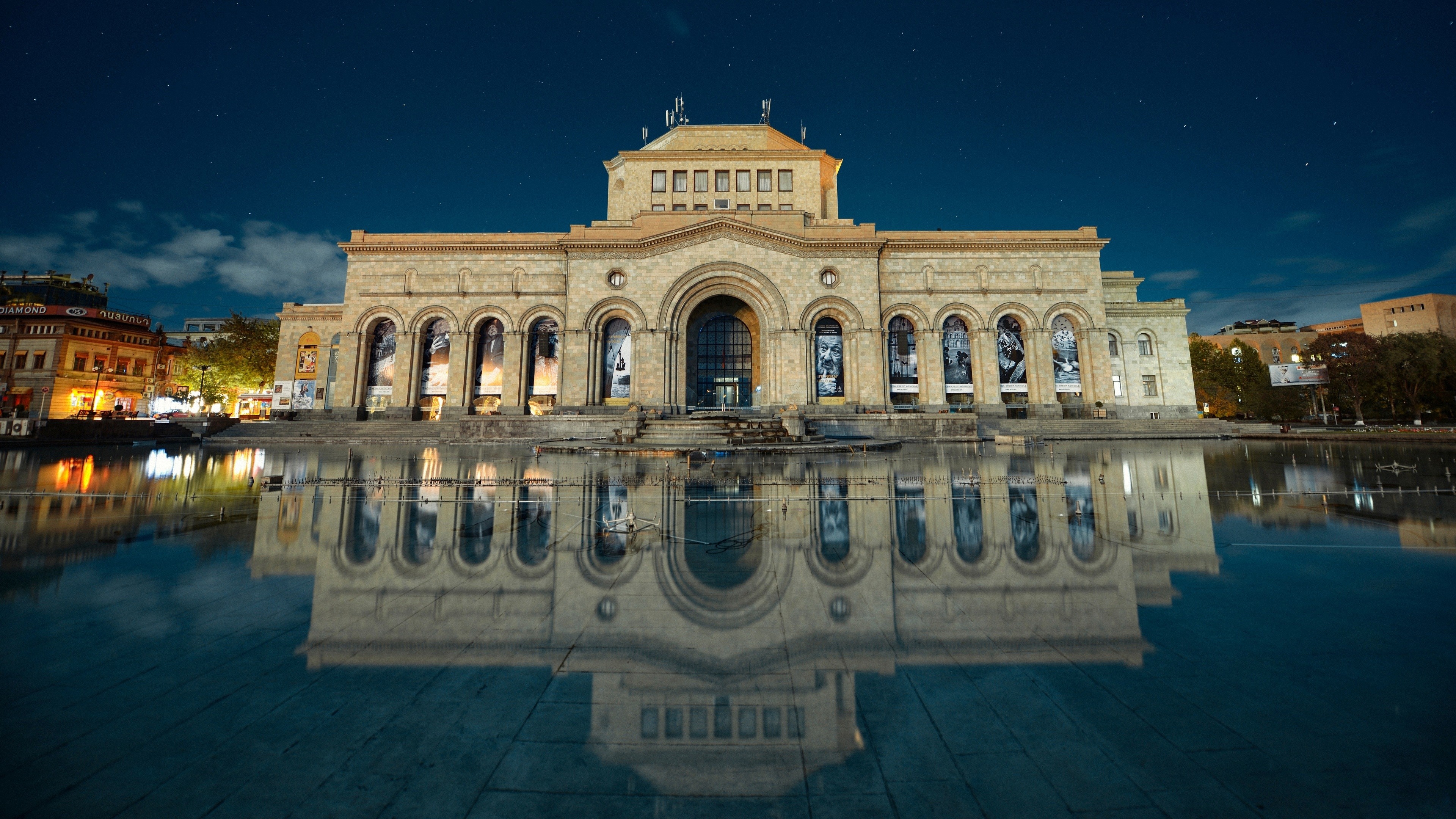 National Gallery of Armenia at night with reflection HD Wallpaper