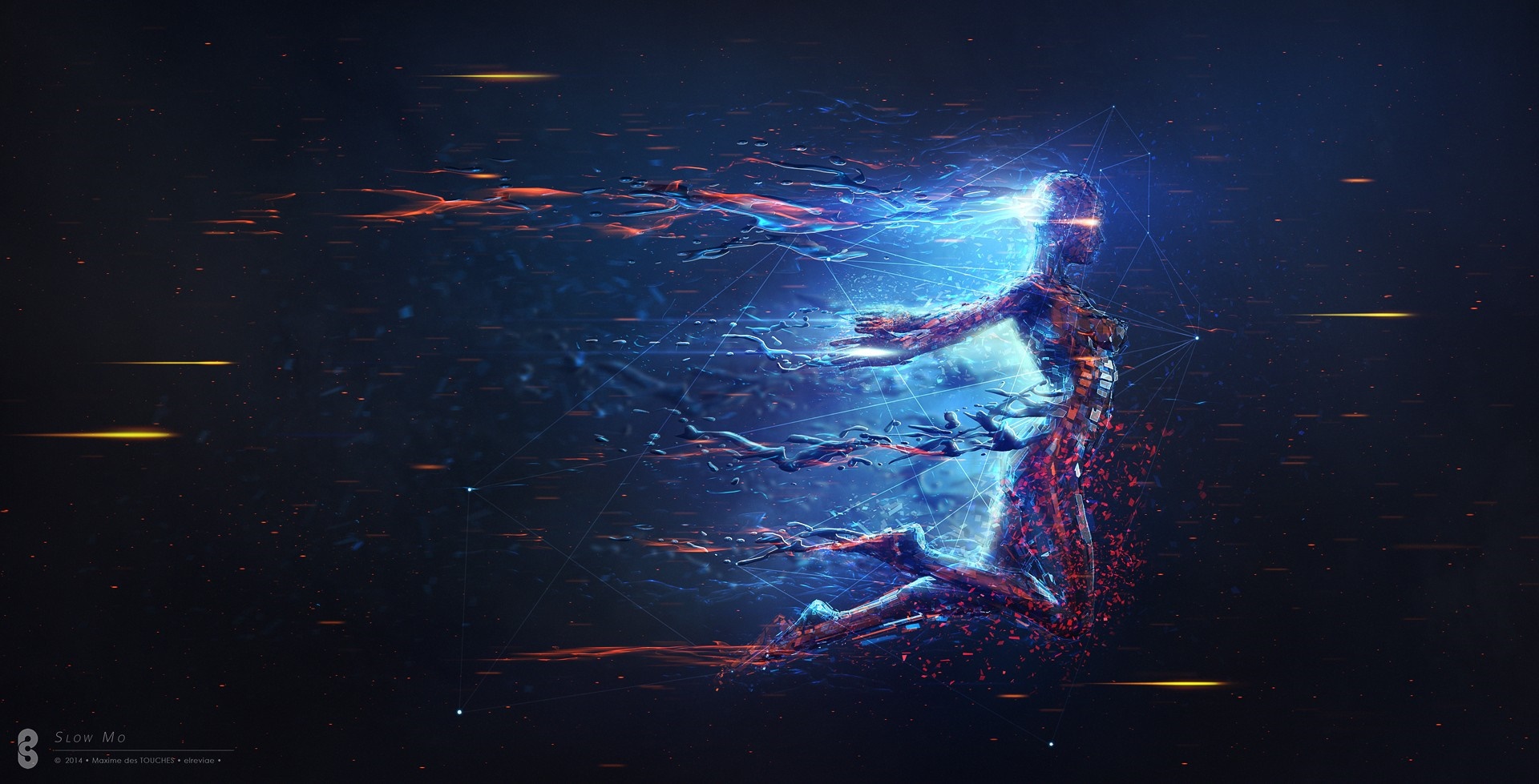 Digital art of a human figure dissolving into light and particles HD Wallpaper