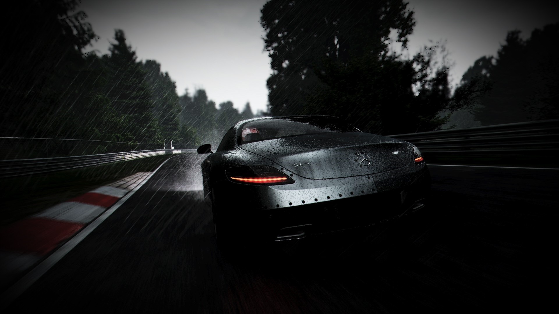 Mercedes-Benz SLS AMG driving on a wet race track HD Wallpaper
