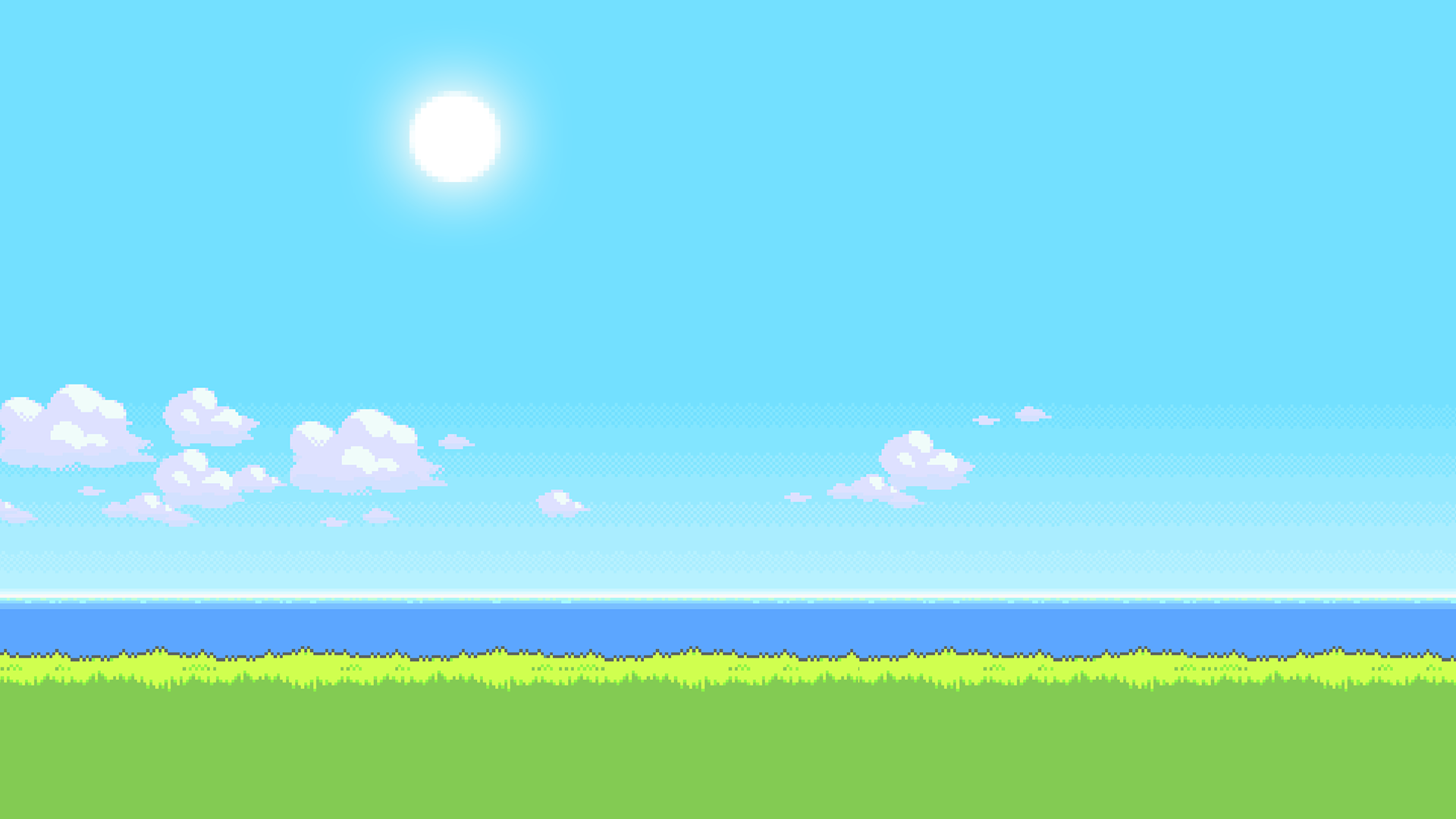 Pixel art landscape with sun, clouds, ocean, and grass HD Wallpaper