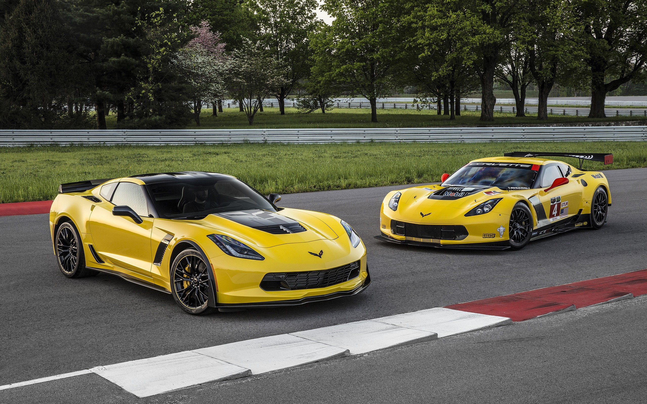 Two yellow Chevrolet Corvette C7 Z06 cars on a race track HD Wallpaper