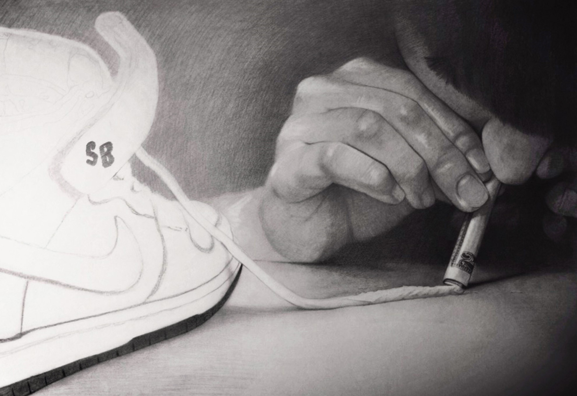 Drawing of a hand using a rolled dollar bill to snort a line of cocaine next to a sneaker HD Wallpaper