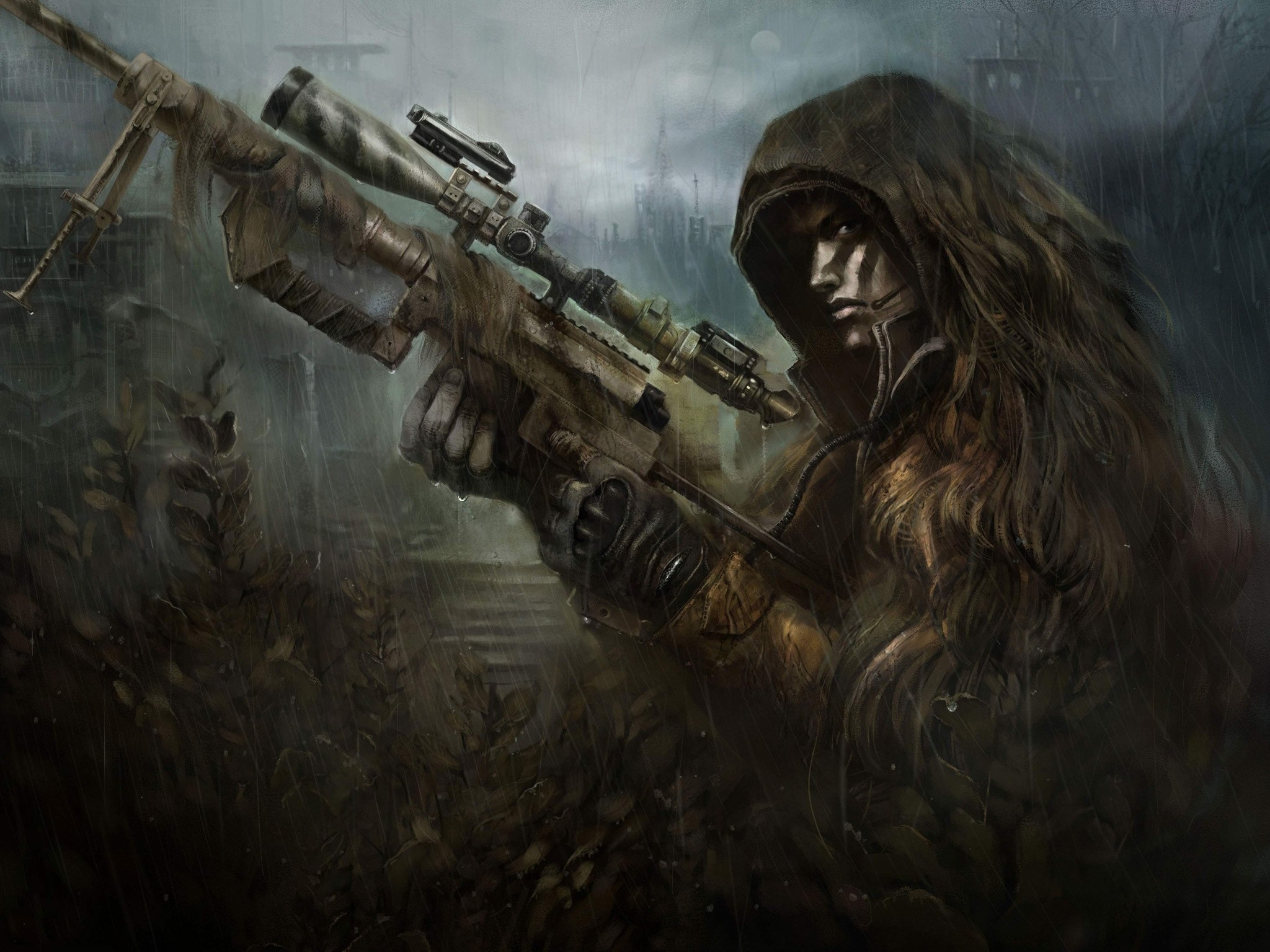 Soldier with sniper rifle in rainy environment HD Wallpaper