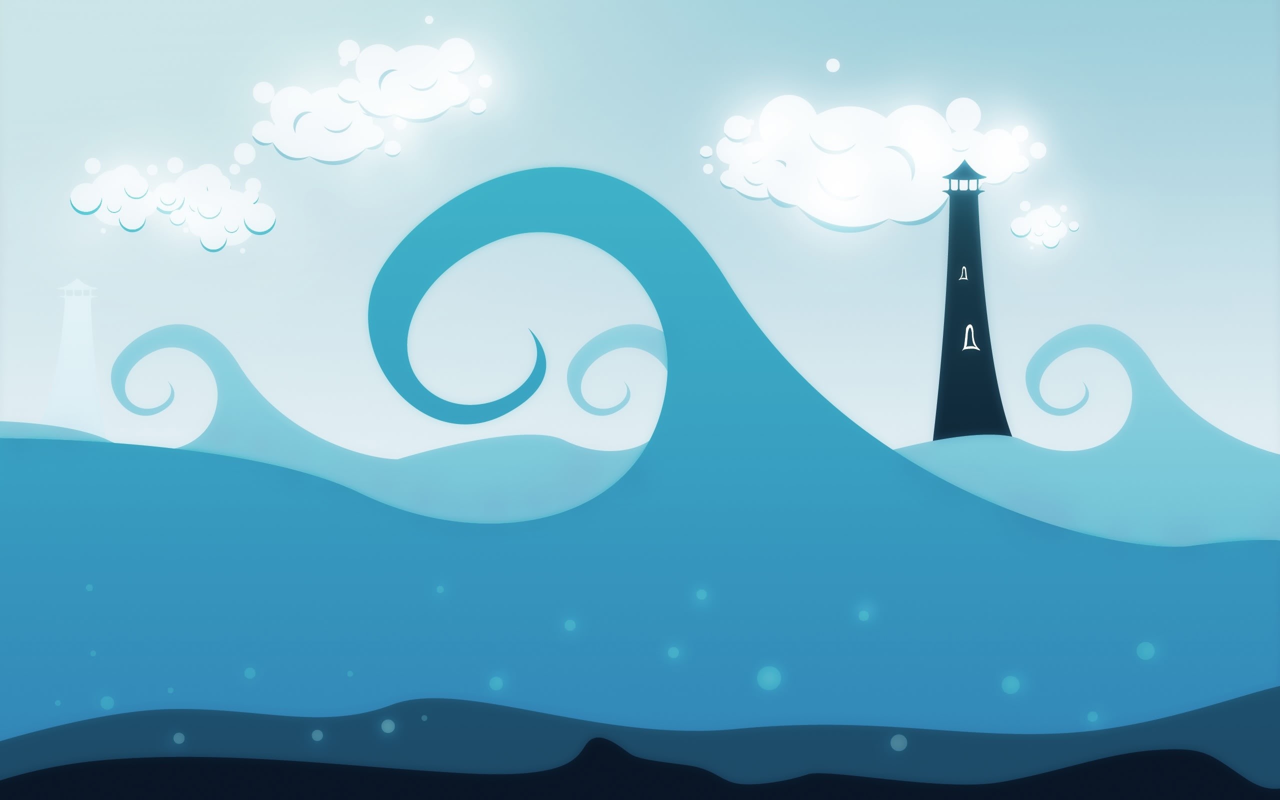 Stylized illustration of a lighthouse in the sea with waves and clouds HD Wallpaper