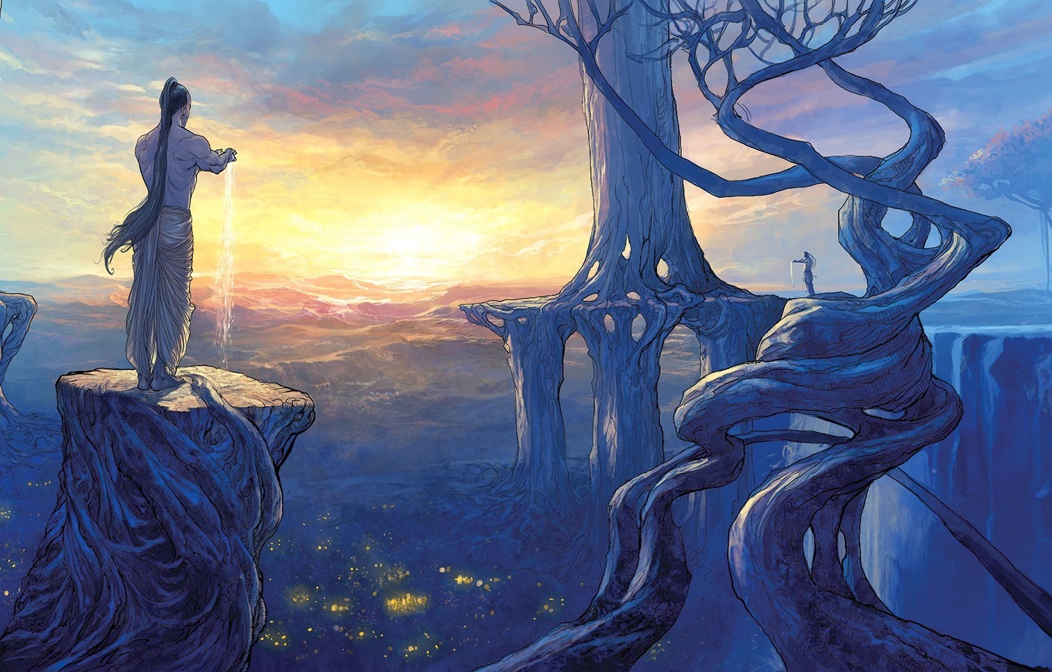 Fantasy landscape with figures pouring water HD Wallpaper