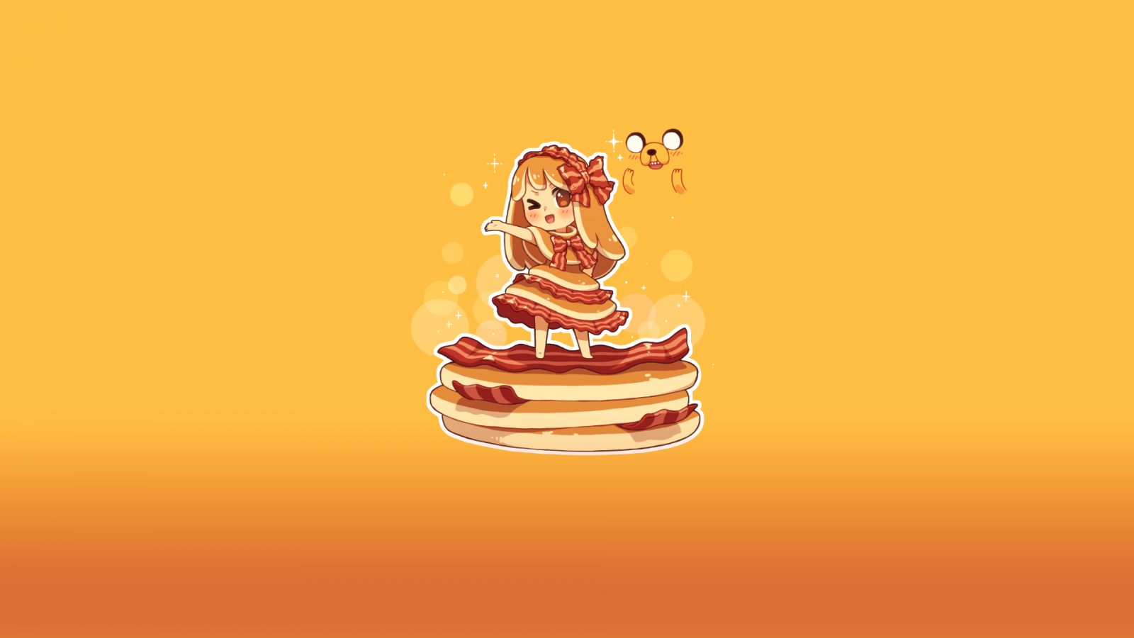 Chibi girl on pancakes with bacon and Jake the Dog HD Wallpaper