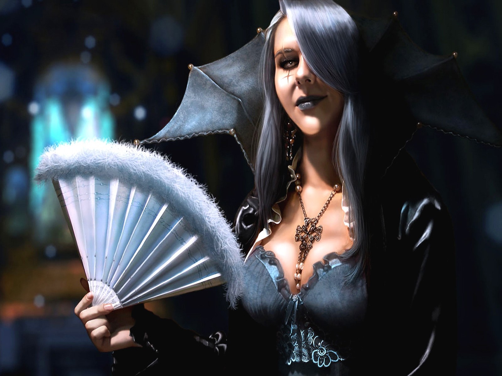 Fantasy art of a woman with a fan HD Wallpaper