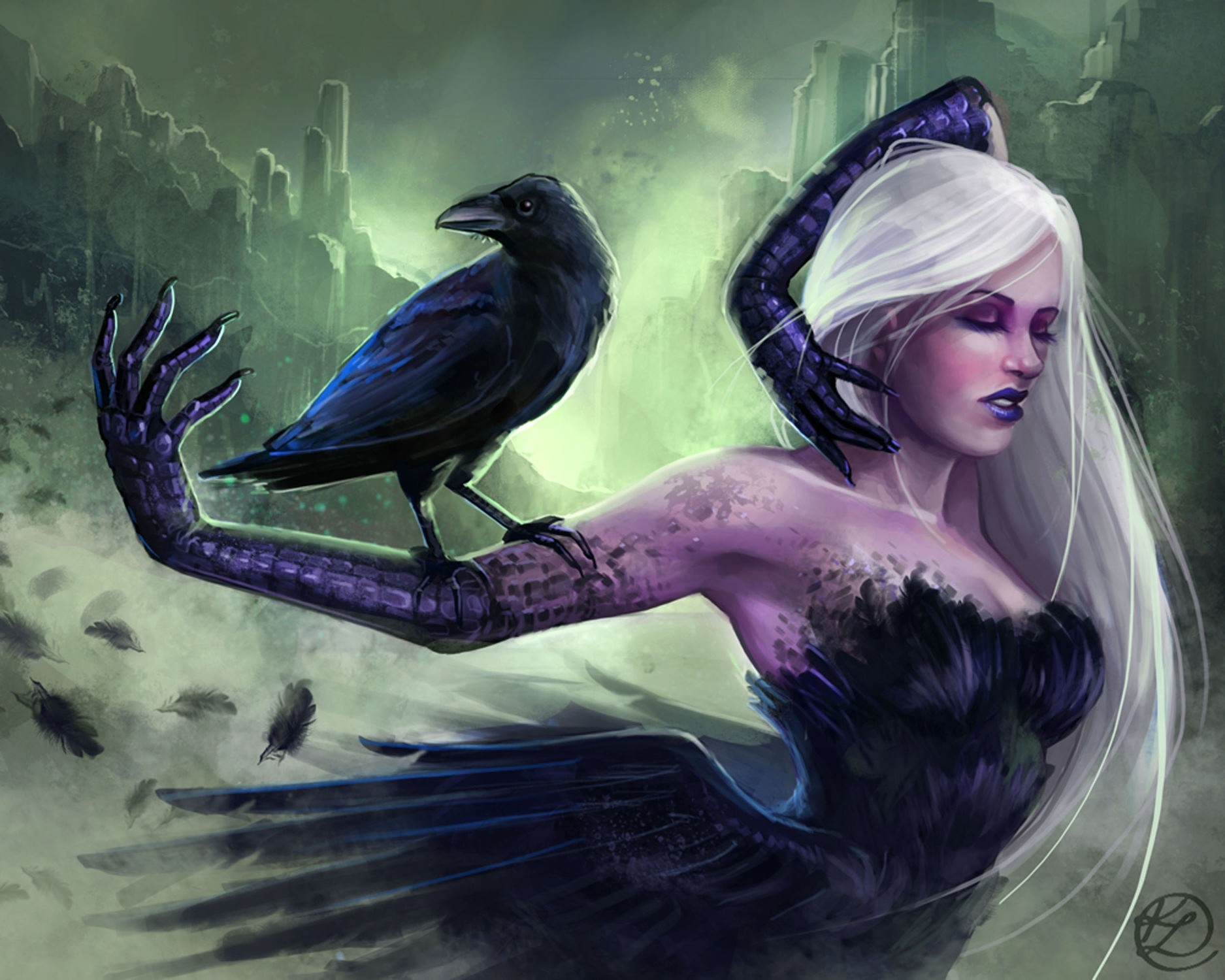 Fantasy art of a woman with a raven and wings HD Wallpaper