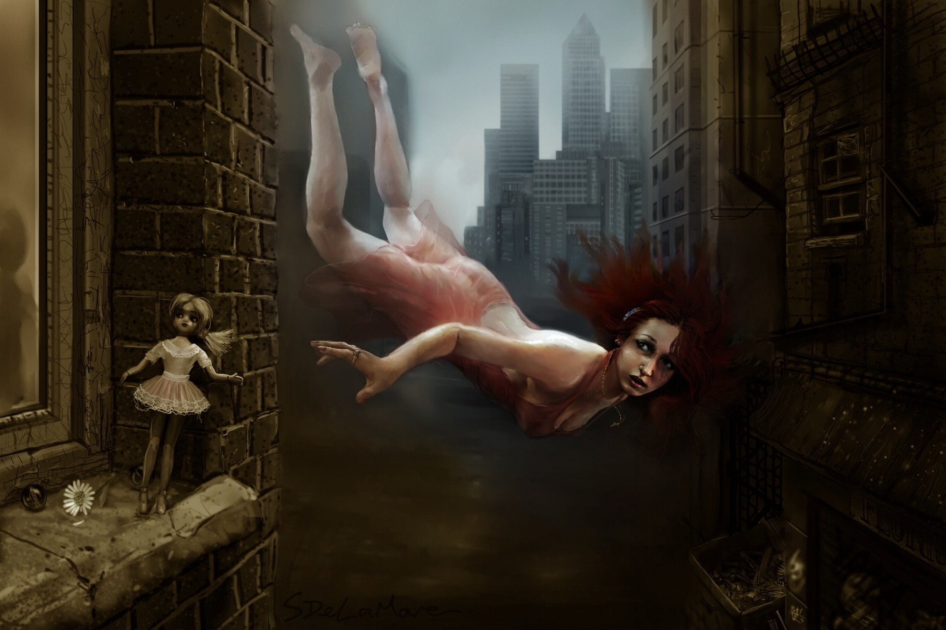 Woman falling through city with doll in window HD Wallpaper