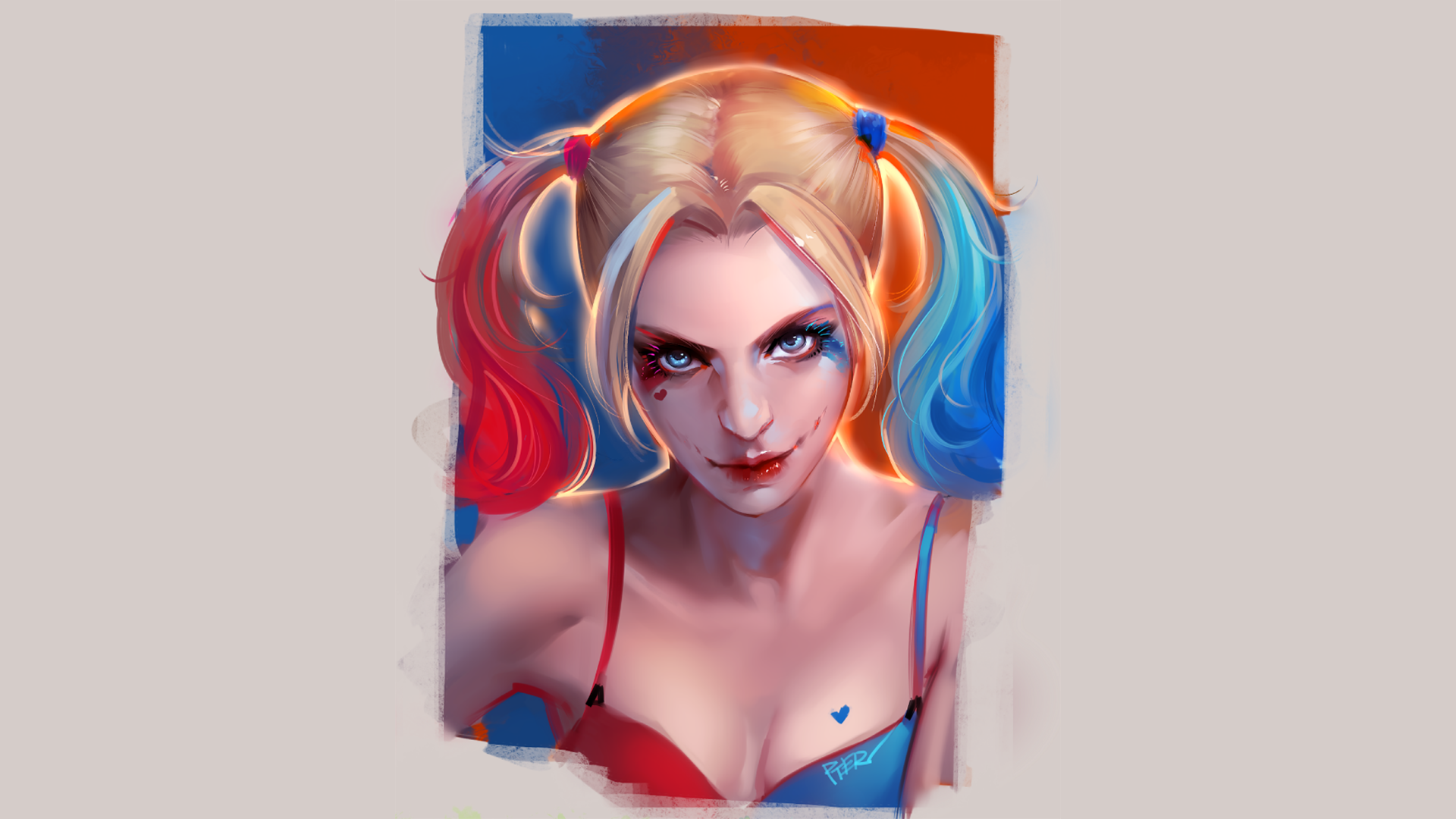 Harley Quinn artwork with red and blue hair HD Wallpaper