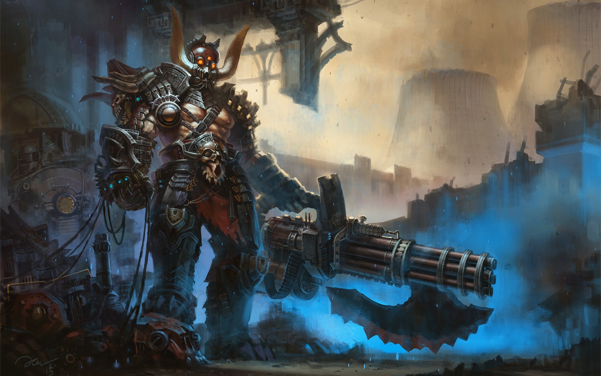 Fantasy cyborg with minigun in industrial wasteland HD Wallpaper