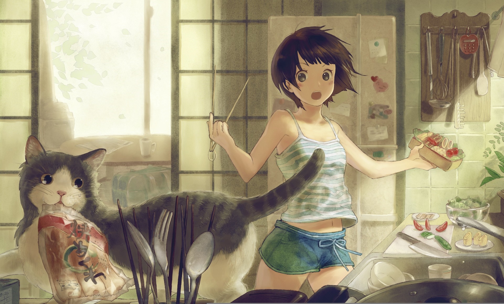 Anime girl and cat in a kitchen HD Wallpaper