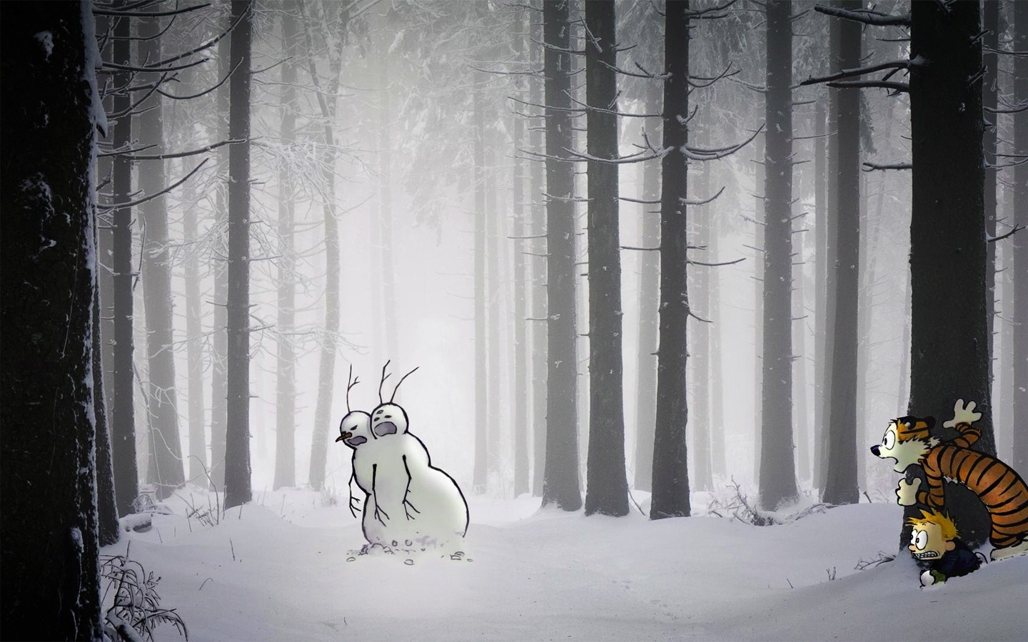 Calvin and Hobbes in a snowy forest with a snowman HD Wallpaper