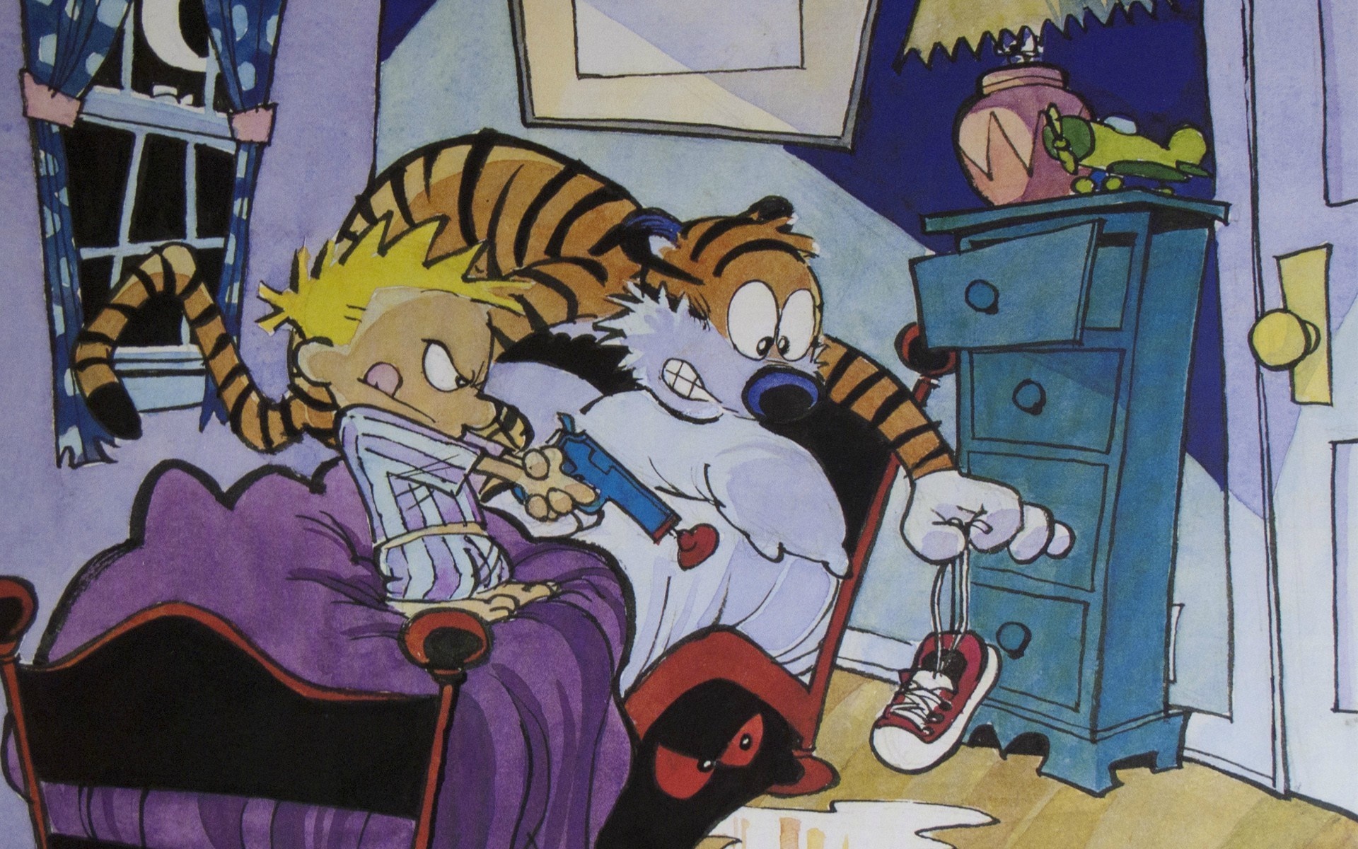 Calvin and Hobbes in a bedroom with a gun HD Wallpaper