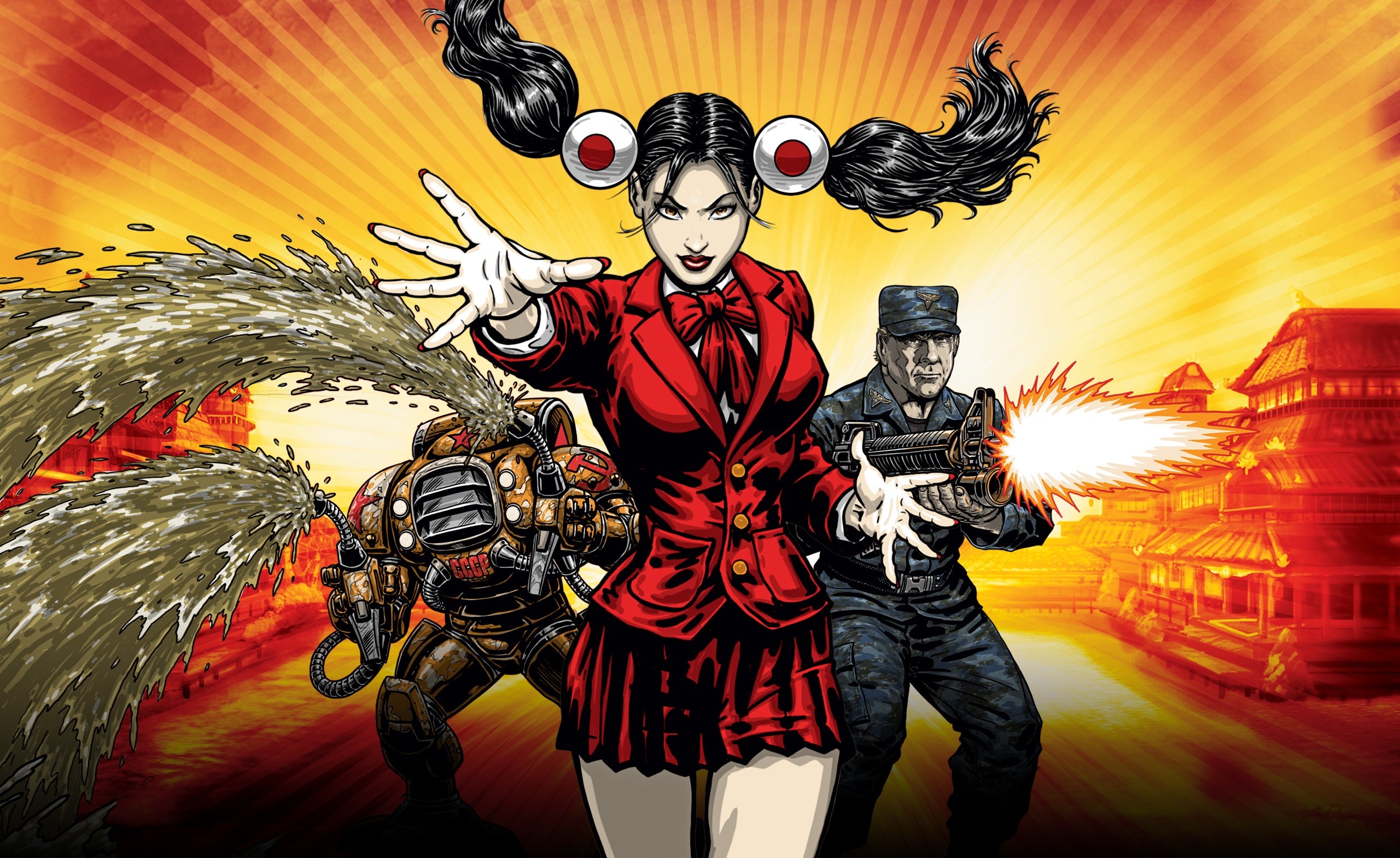 Girl in red suit with weapons and soldier in Command & Conquer HD Wallpaper