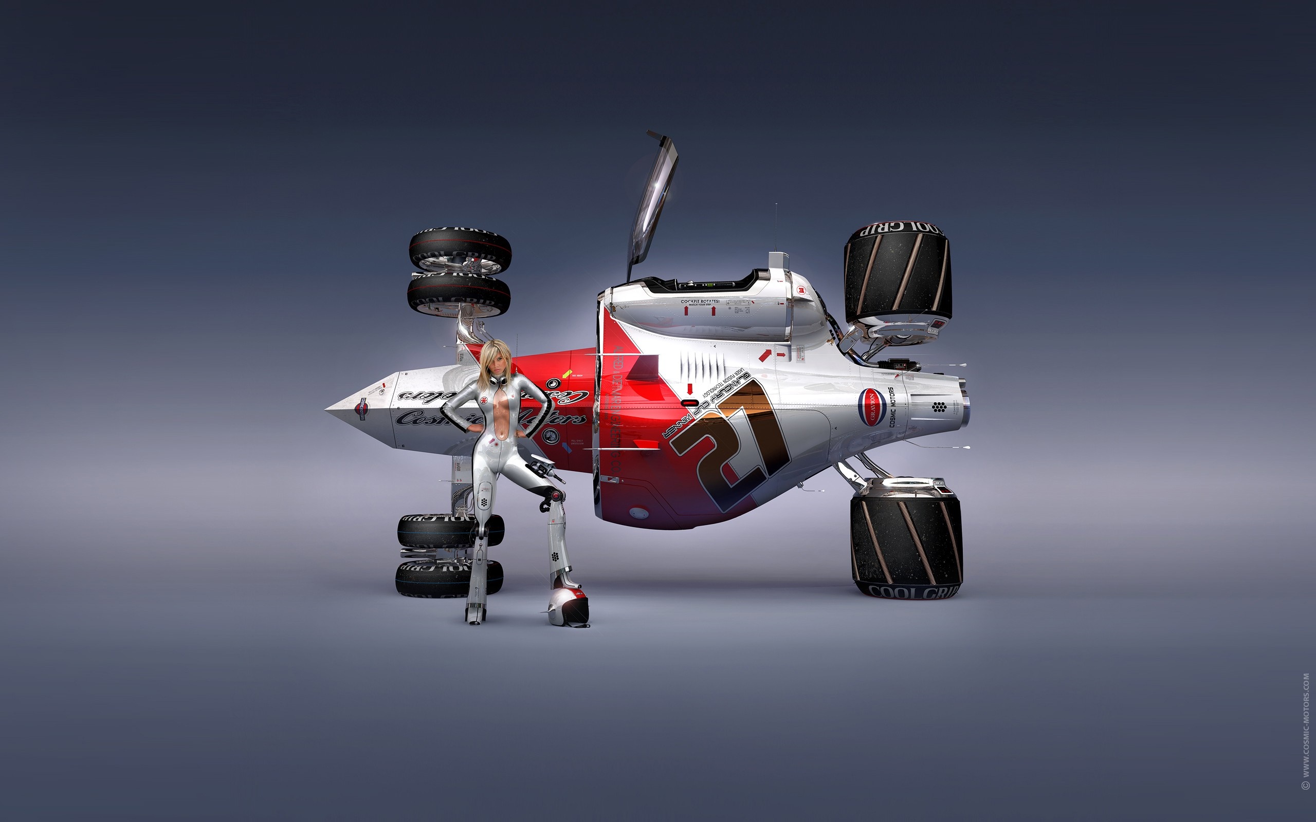 Woman with futuristic vehicle from Cosmic Motors HD Wallpaper