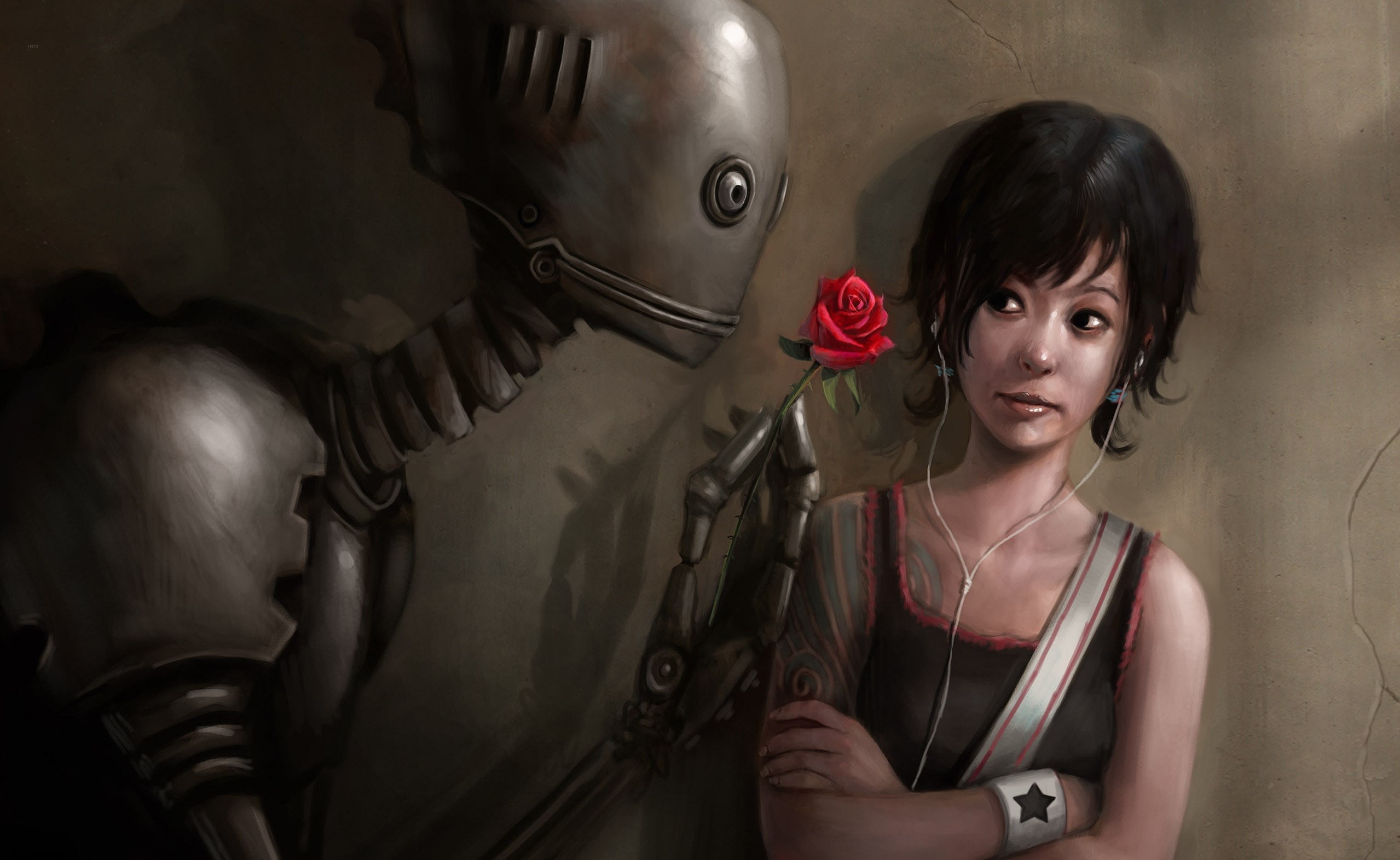 Robot offering a rose to a girl HD Wallpaper