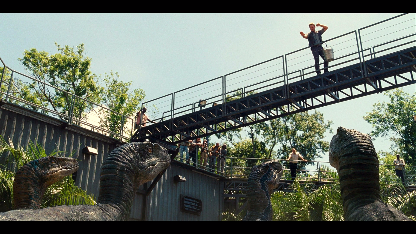 Jurassic World: Velociraptors and people on a bridge HD Wallpaper
