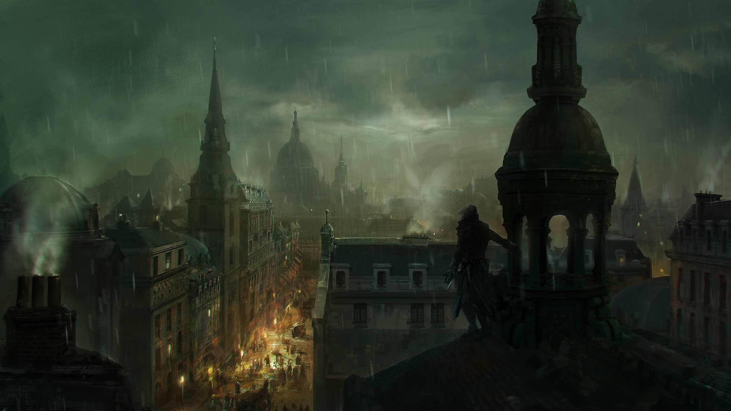 Assassin from Assassin's Creed Syndicate on a rooftop in the rain HD Wallpaper