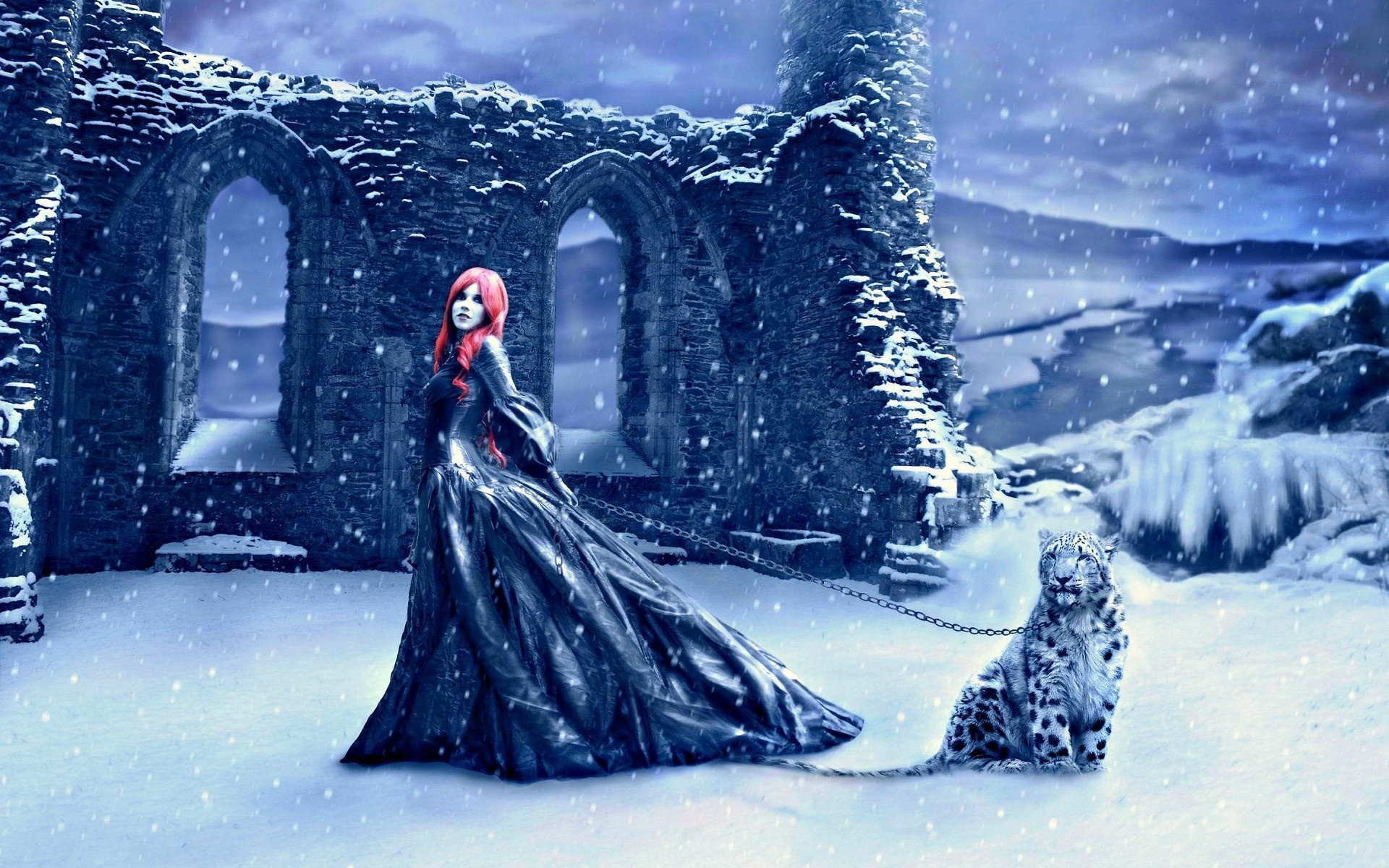 Woman with red hair and snow leopard in winter ruins HD Wallpaper