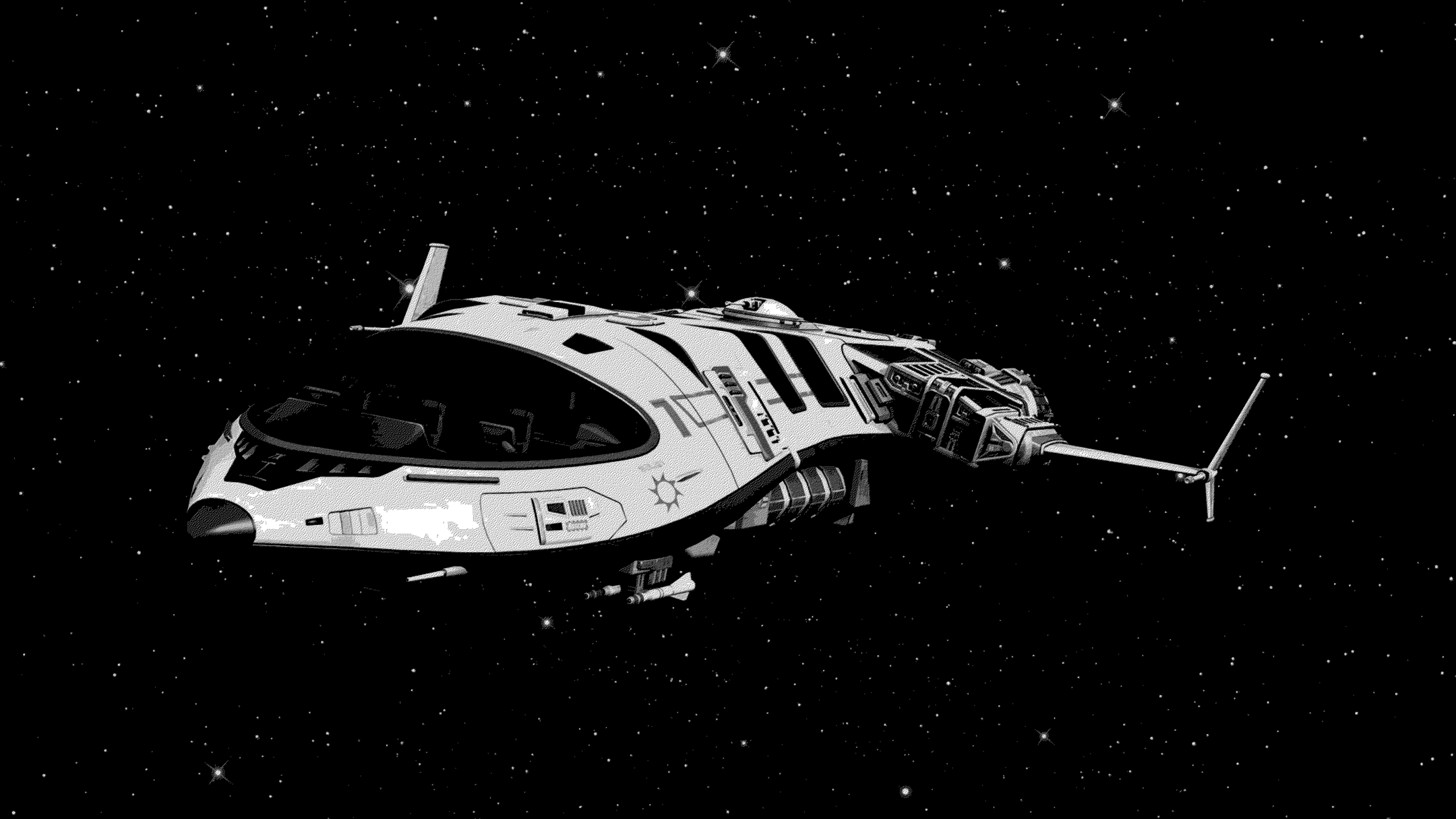Black and white illustration of a spaceship in outer space HD Wallpaper