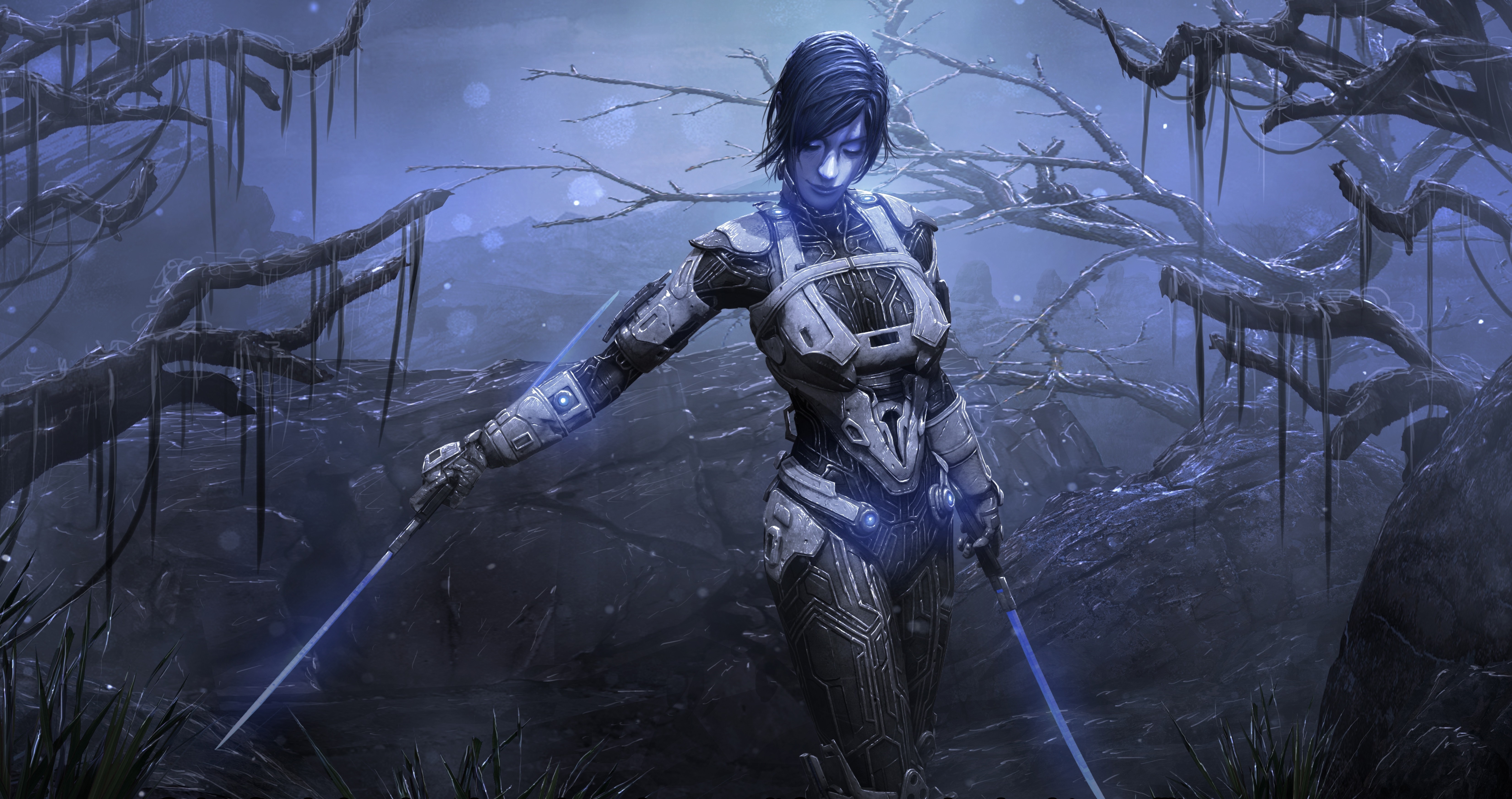 Female warrior with glowing swords in a dark forest HD Wallpaper