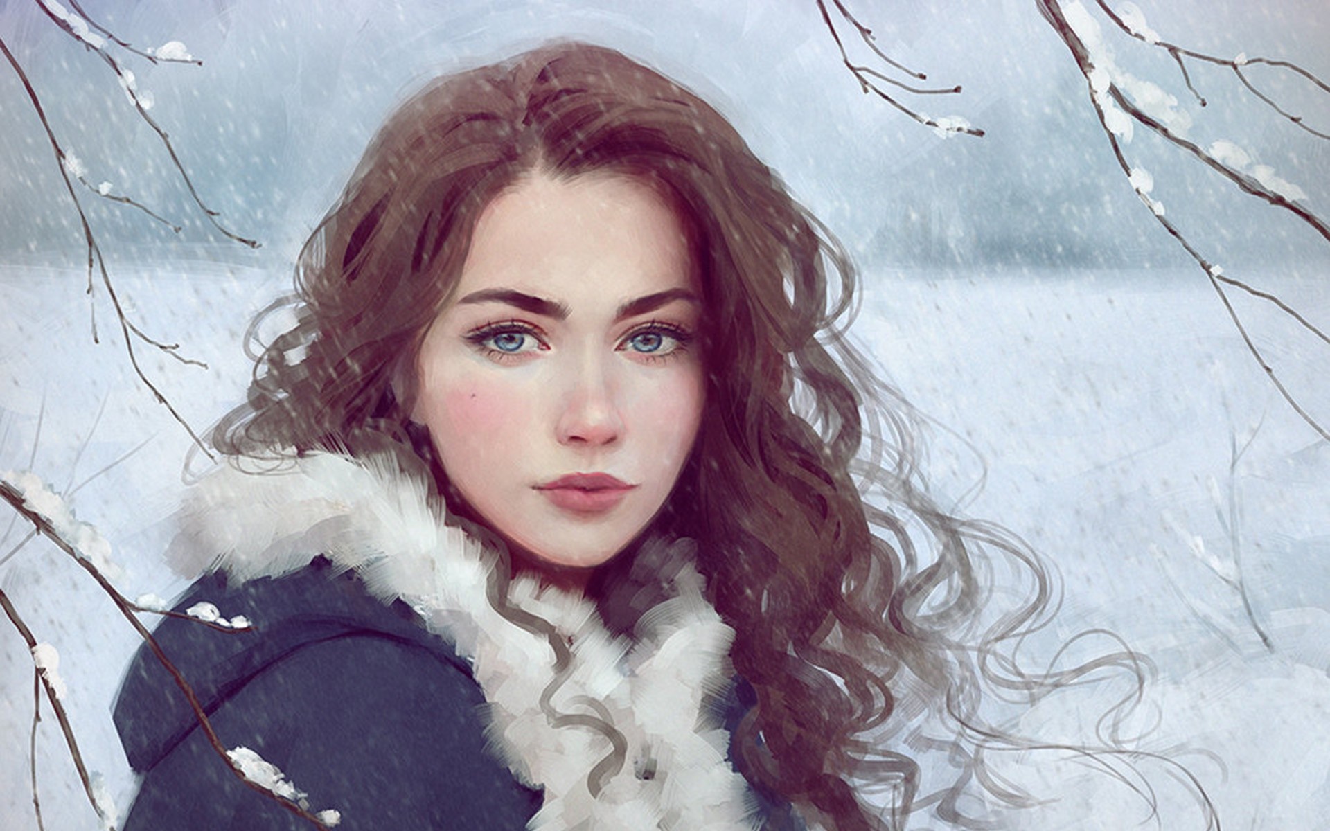 Painting of a young woman in winter HD Wallpaper