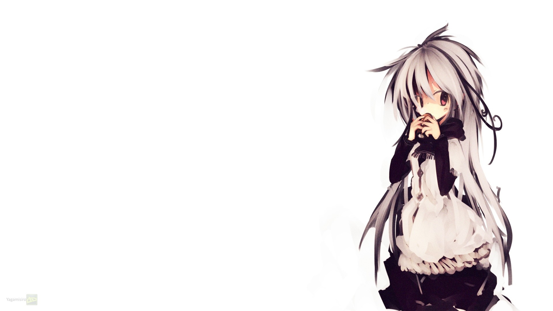 Anime girl with long white hair eating HD Wallpaper