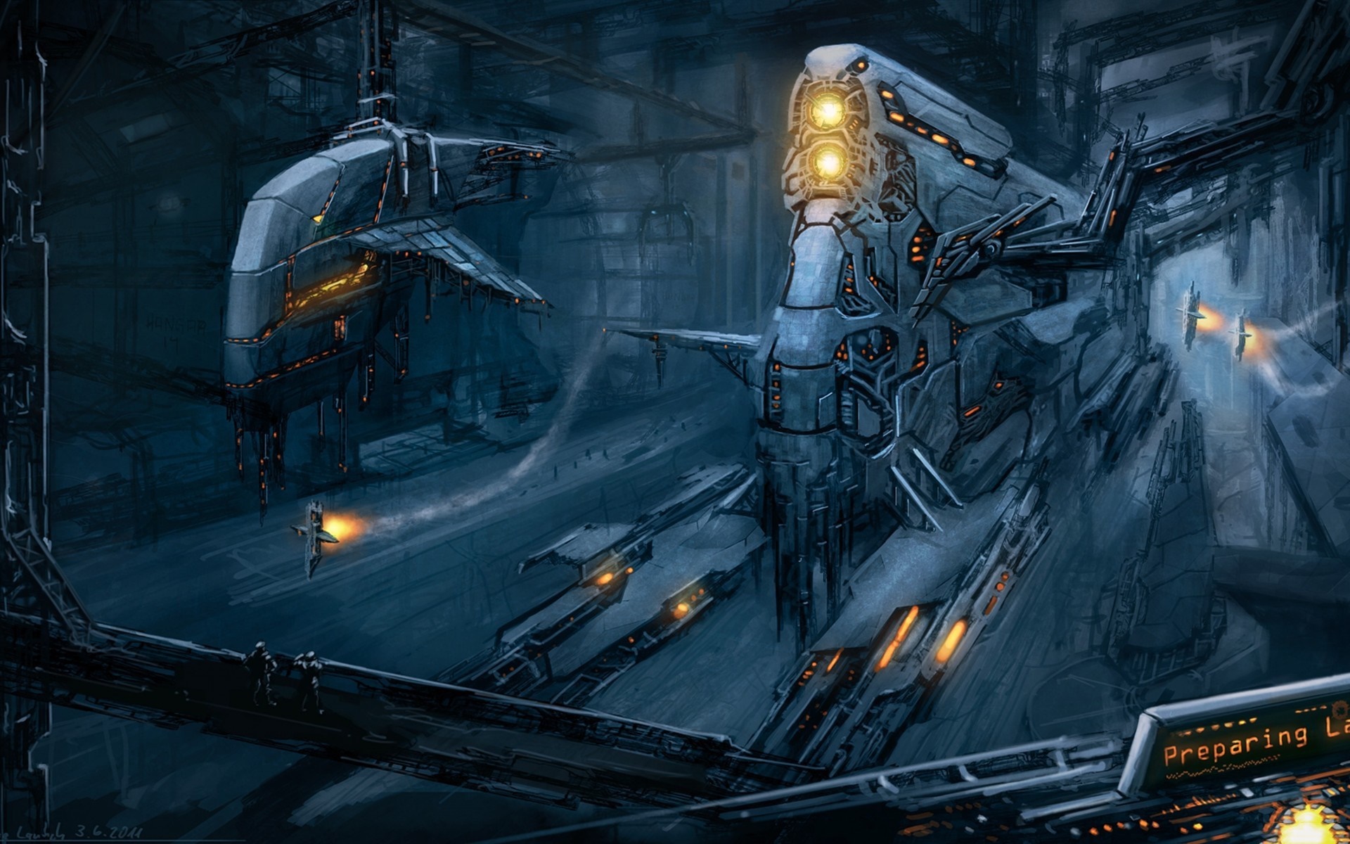 Futuristic hangar with large mechs and spaceships HD Wallpaper