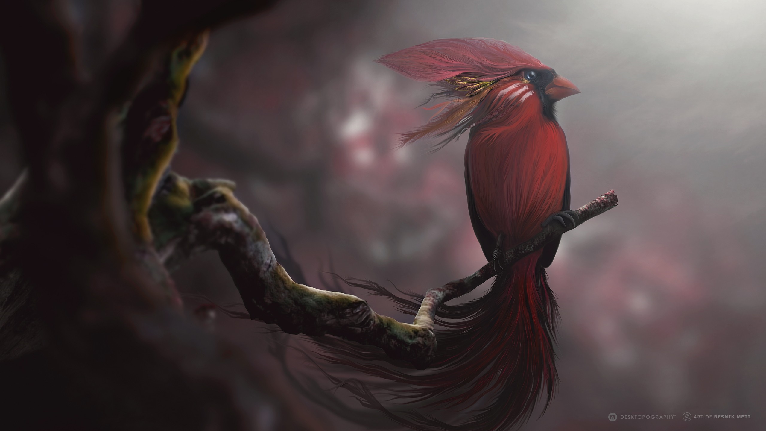 Digital art of a red cardinal bird on a branch HD Wallpaper