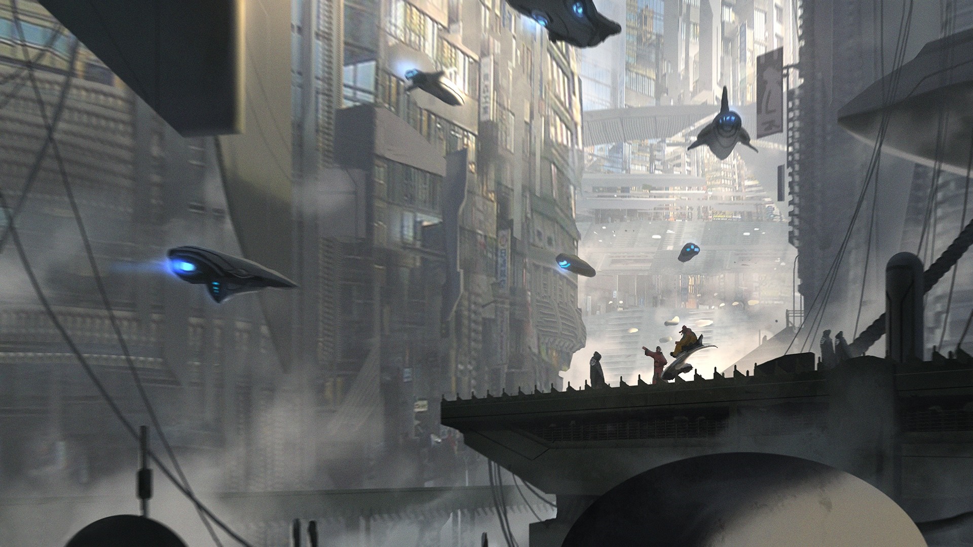 Futuristic city with flying spaceships and people on a platform HD Wallpaper
