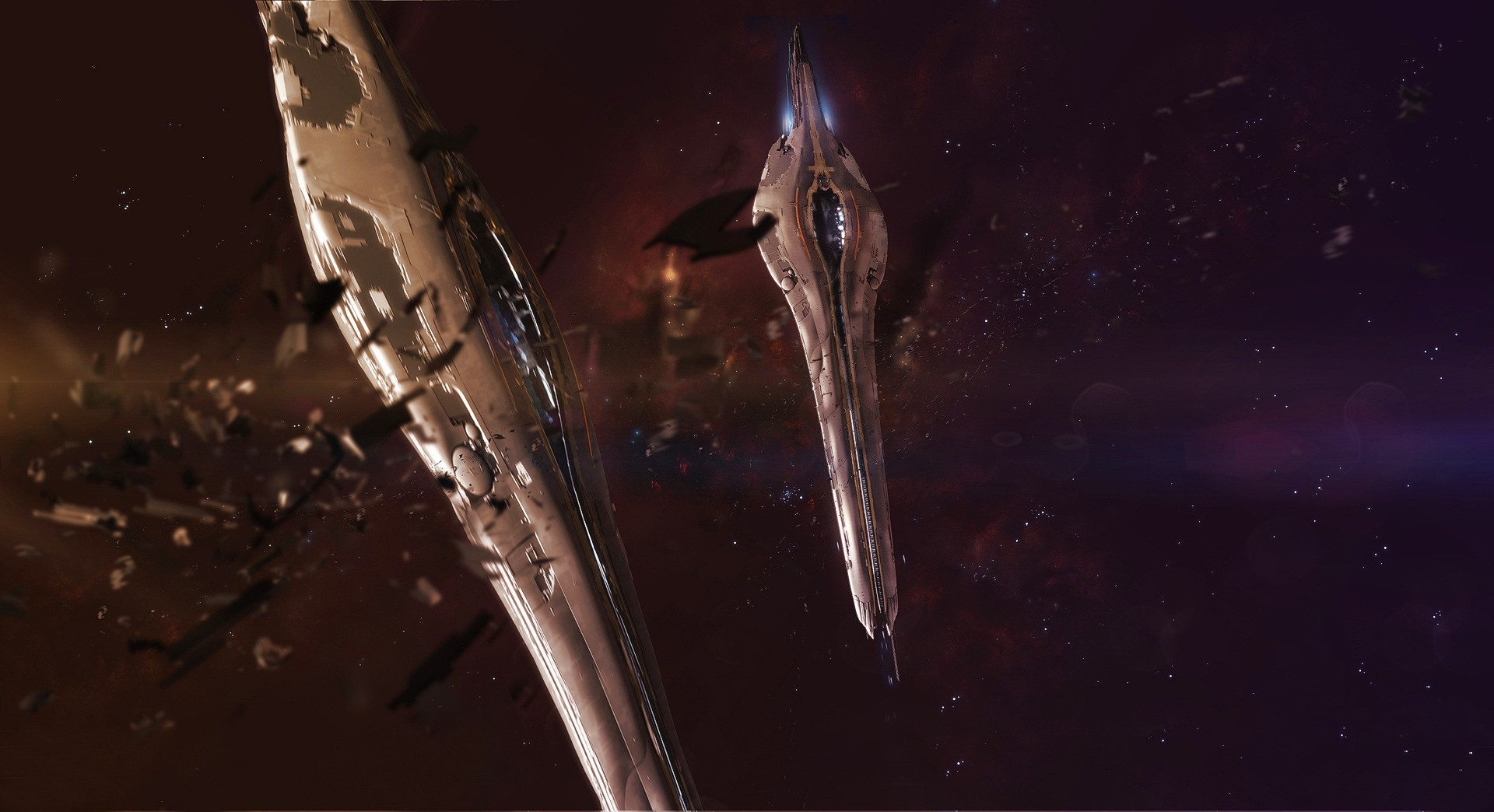 Two Forerunner ships in space with debris HD Wallpaper