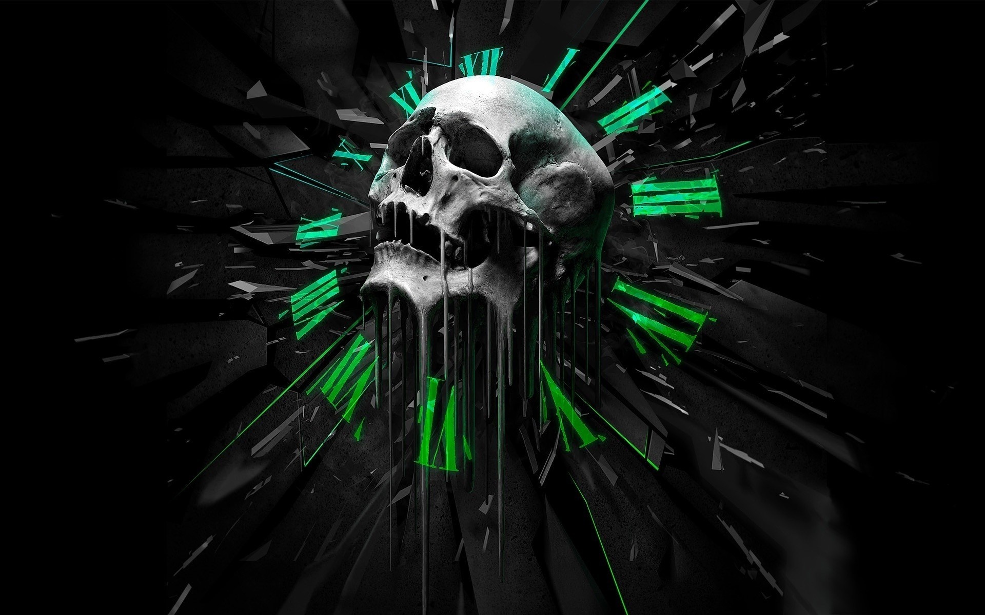Digital art of a melting skull with green fractal explosion HD Wallpaper