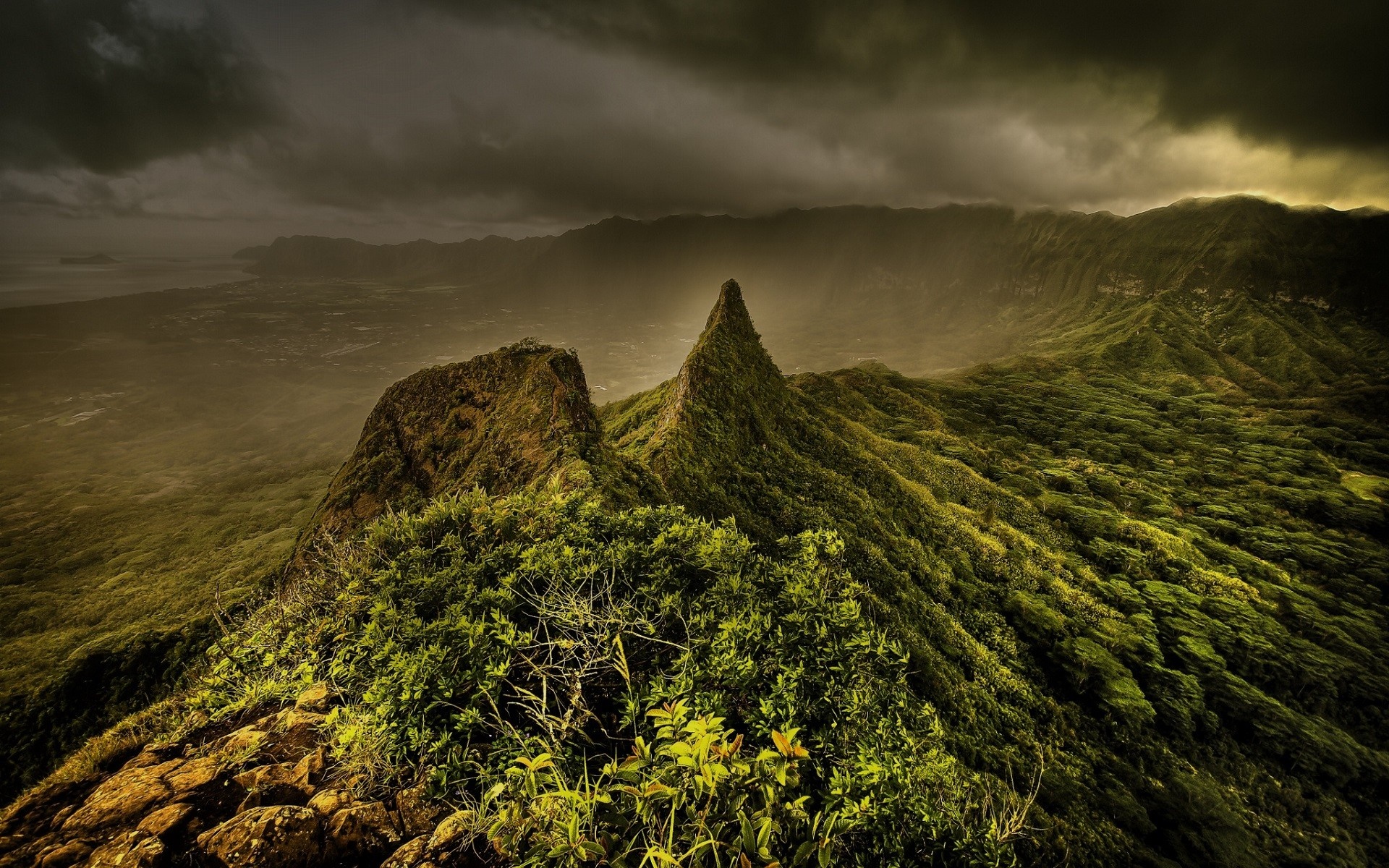 Mountain ridge with green forest and stormy clouds HD Wallpaper