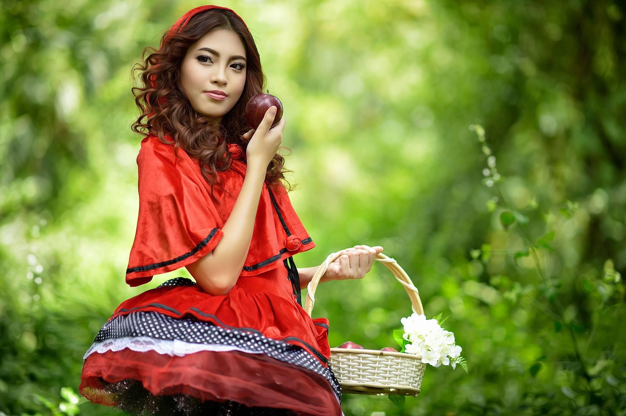 Woman in red dress holding apple and basket HD Wallpaper