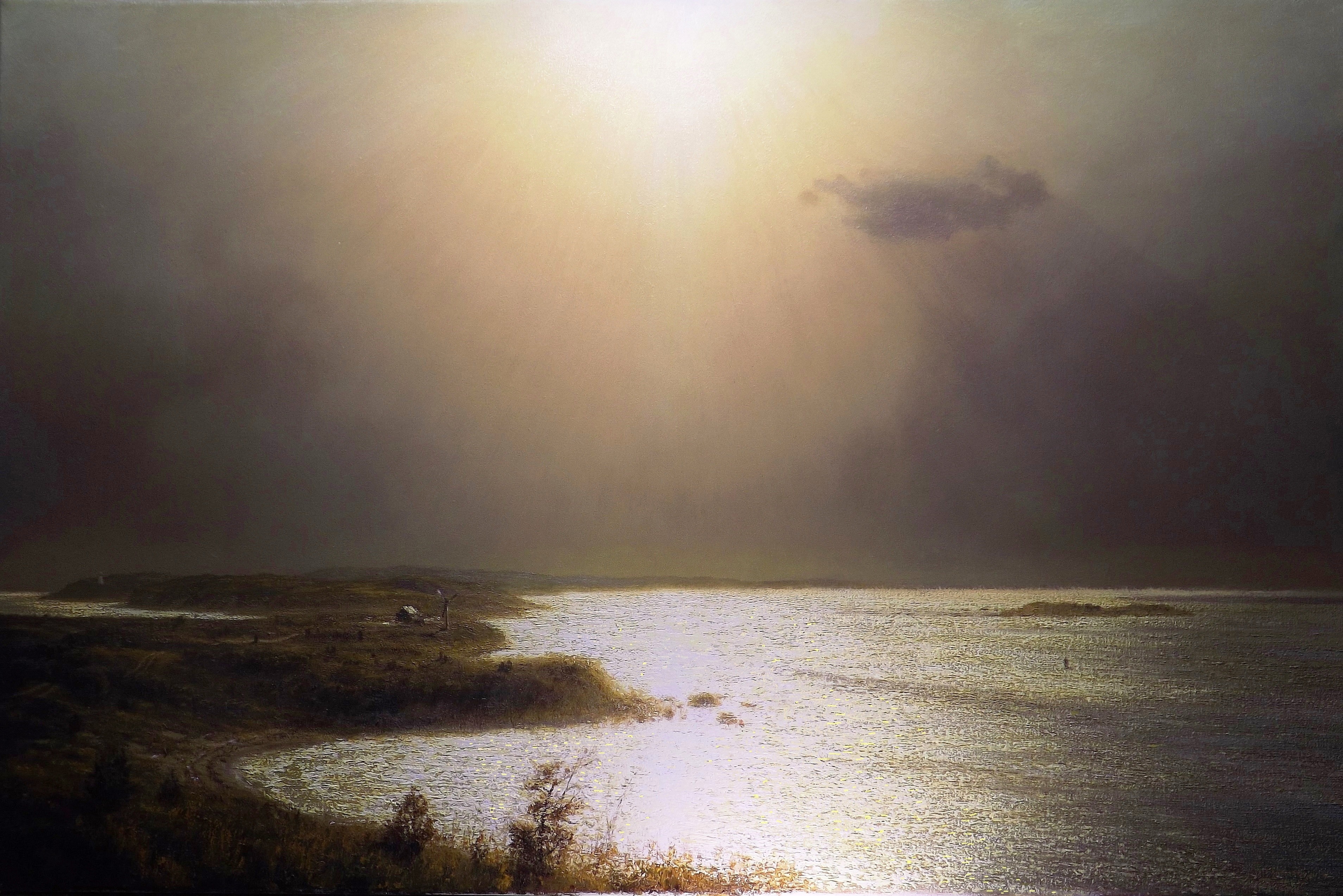 Painting of a coastal landscape with sunlight reflecting on the water HD Wallpaper