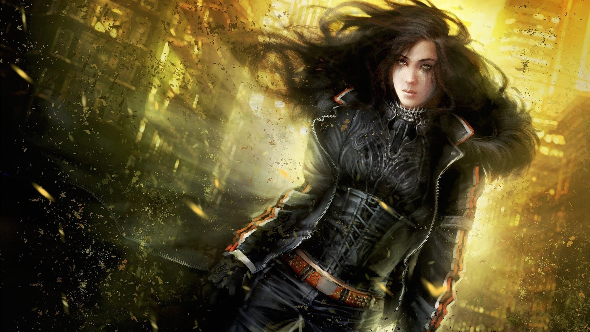 Fantasy art of a woman warrior in a dark city HD Wallpaper