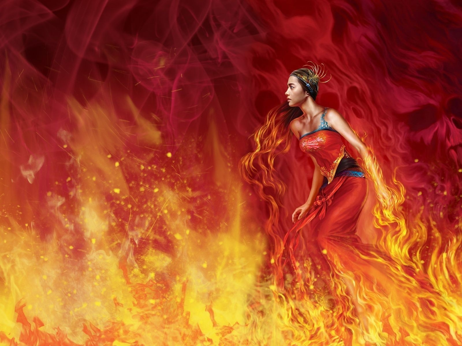Fantasy art of a woman in red surrounded by fire HD Wallpaper